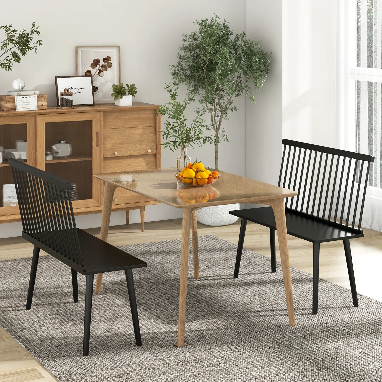 Windsor Bench With Spindle Back, Anti-Slip Foot Pads, Black - Image 2
