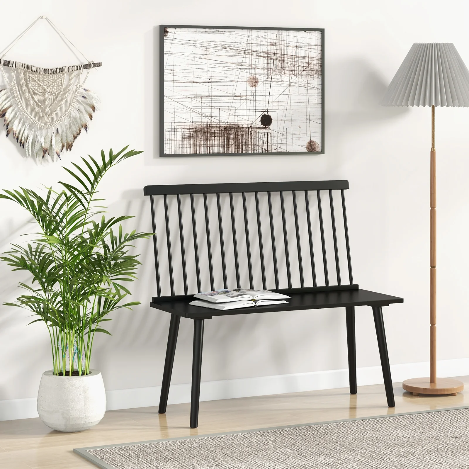 Windsor Bench With Spindle Back, Anti-Slip Foot Pads, Black - Image 3