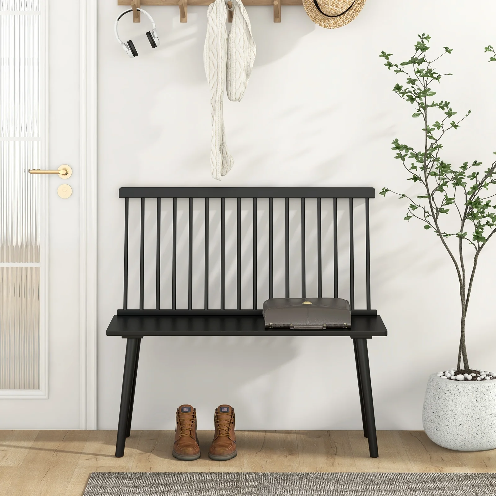 Windsor Bench With Spindle Back, Anti-Slip Foot Pads, Black - Image 7