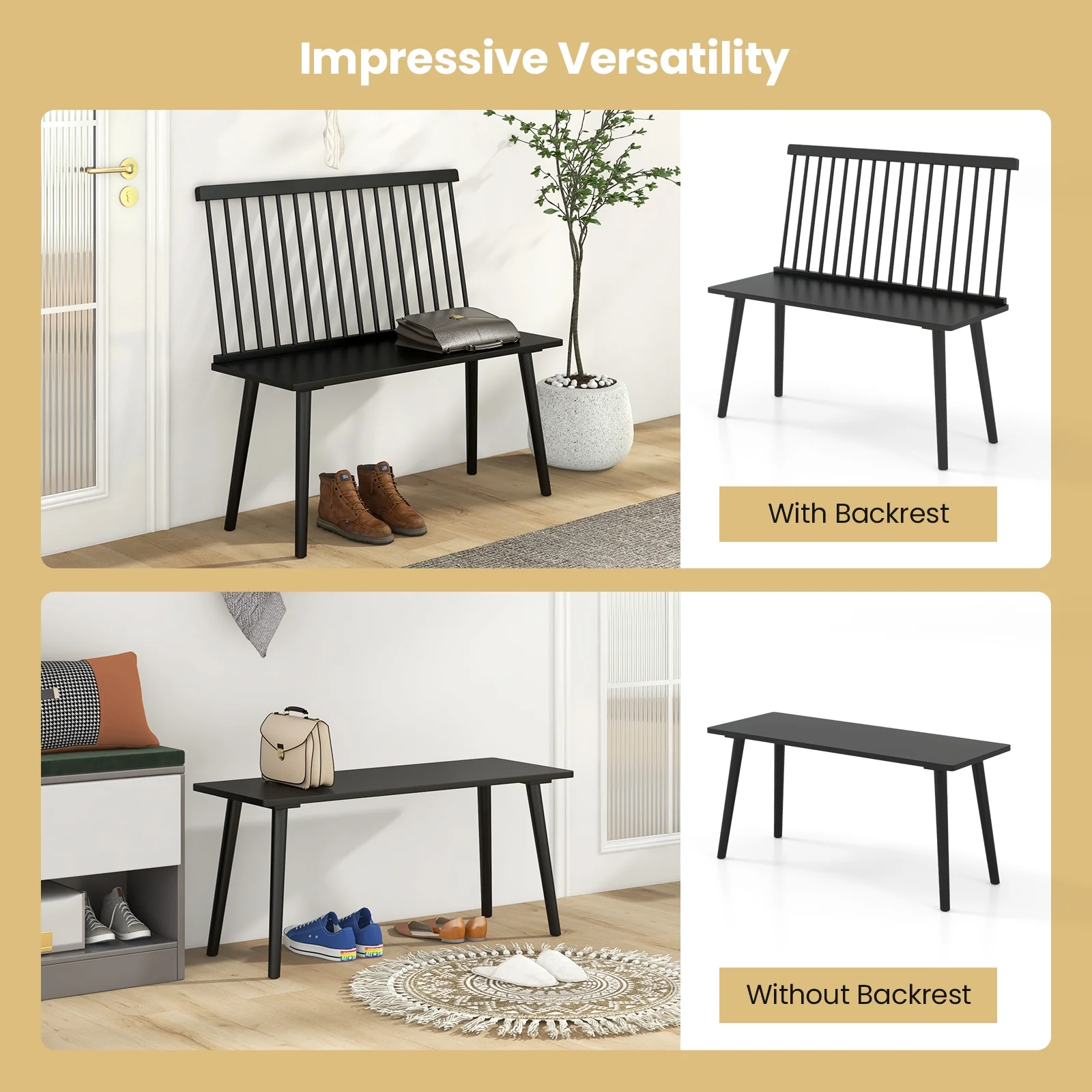 Windsor Bench With Spindle Back, Anti-Slip Foot Pads, Black - Image 9