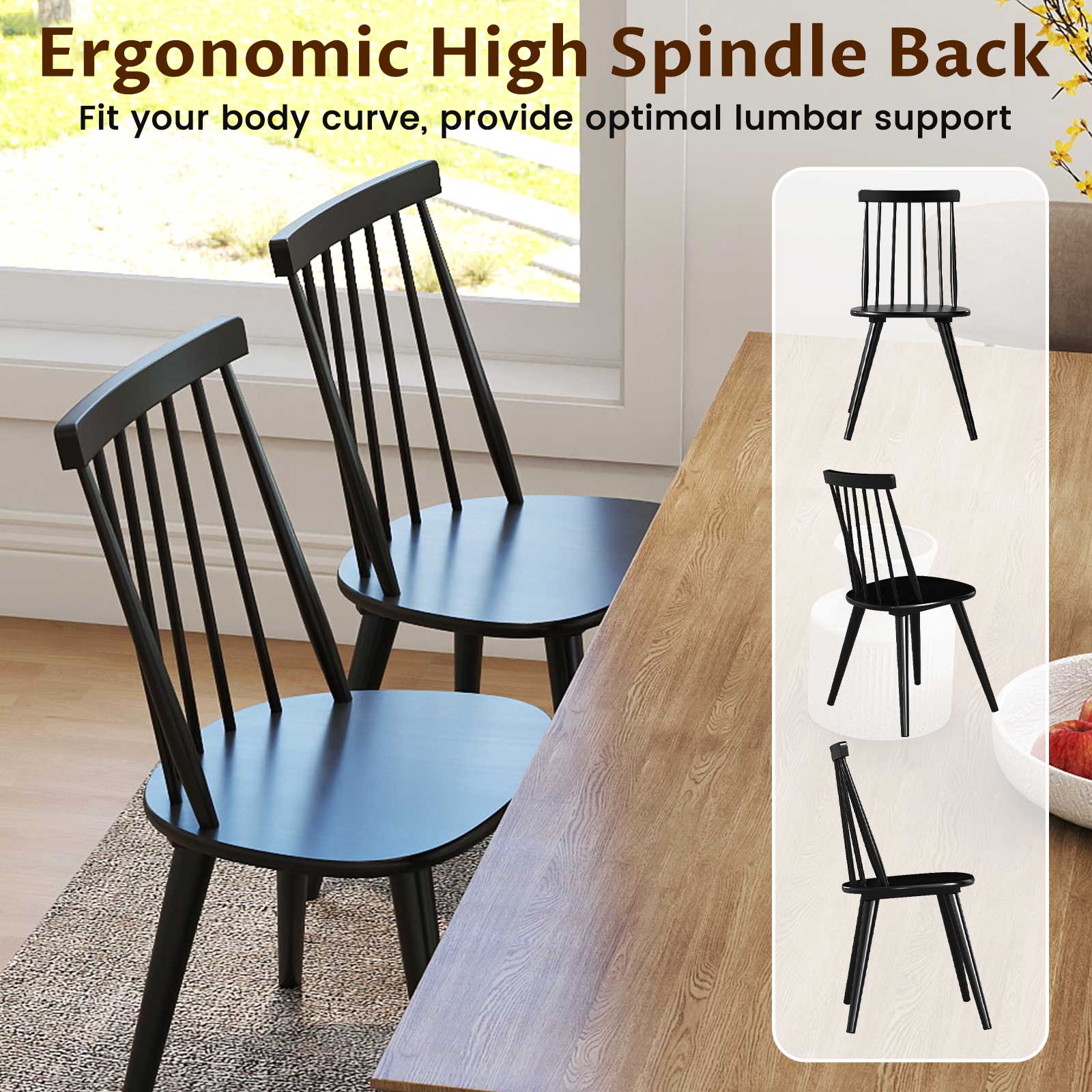Windsor Dining Chair Set of 4 with Solid Rubber Wood Frame, Black - Image 10