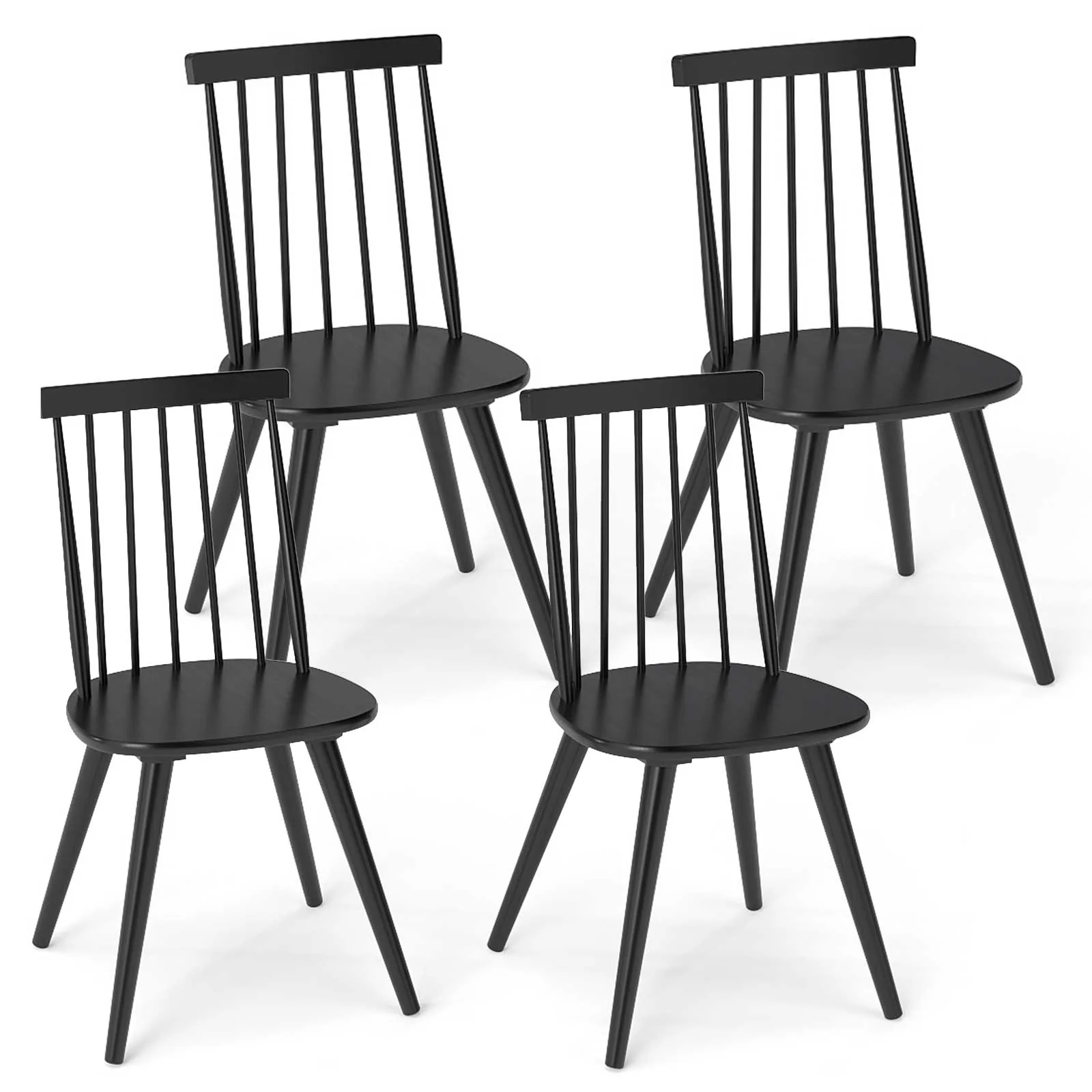 Windsor Dining Chair Set of 4 with Solid Rubber Wood Frame, Black - Image 4