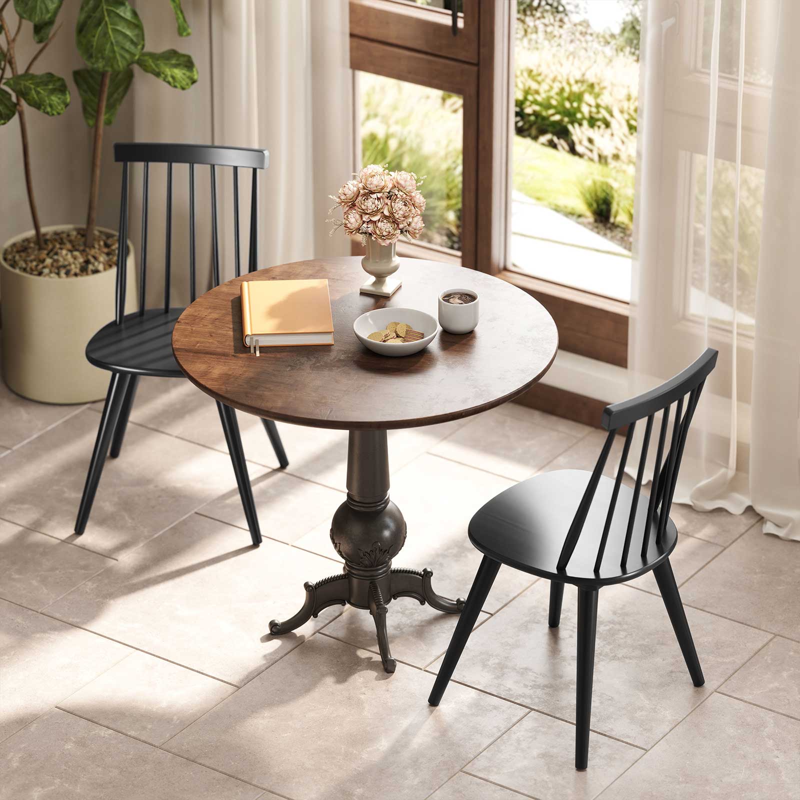 Windsor Dining Chair Set of 4 with Solid Rubber Wood Frame, Black - Image 7