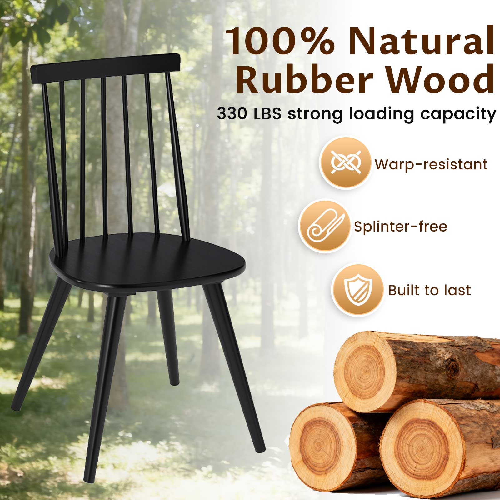 Windsor Dining Chair Set of 4 with Solid Rubber Wood Frame, Black - Image 8
