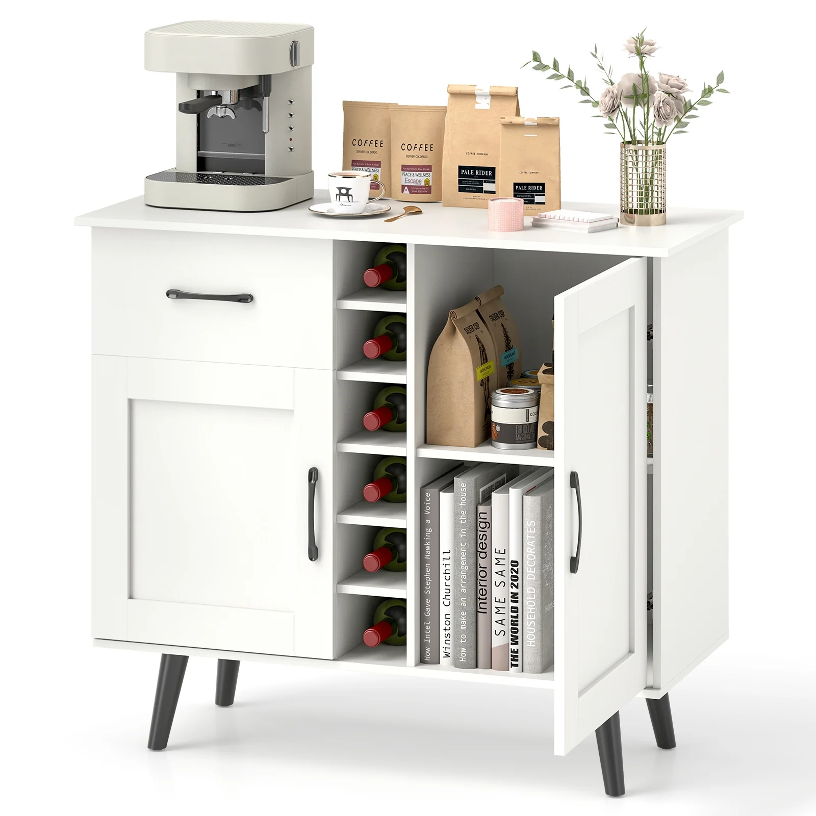 Wine Bar Buffet Cabinet, 6-Bottle Rack, White - Image 5