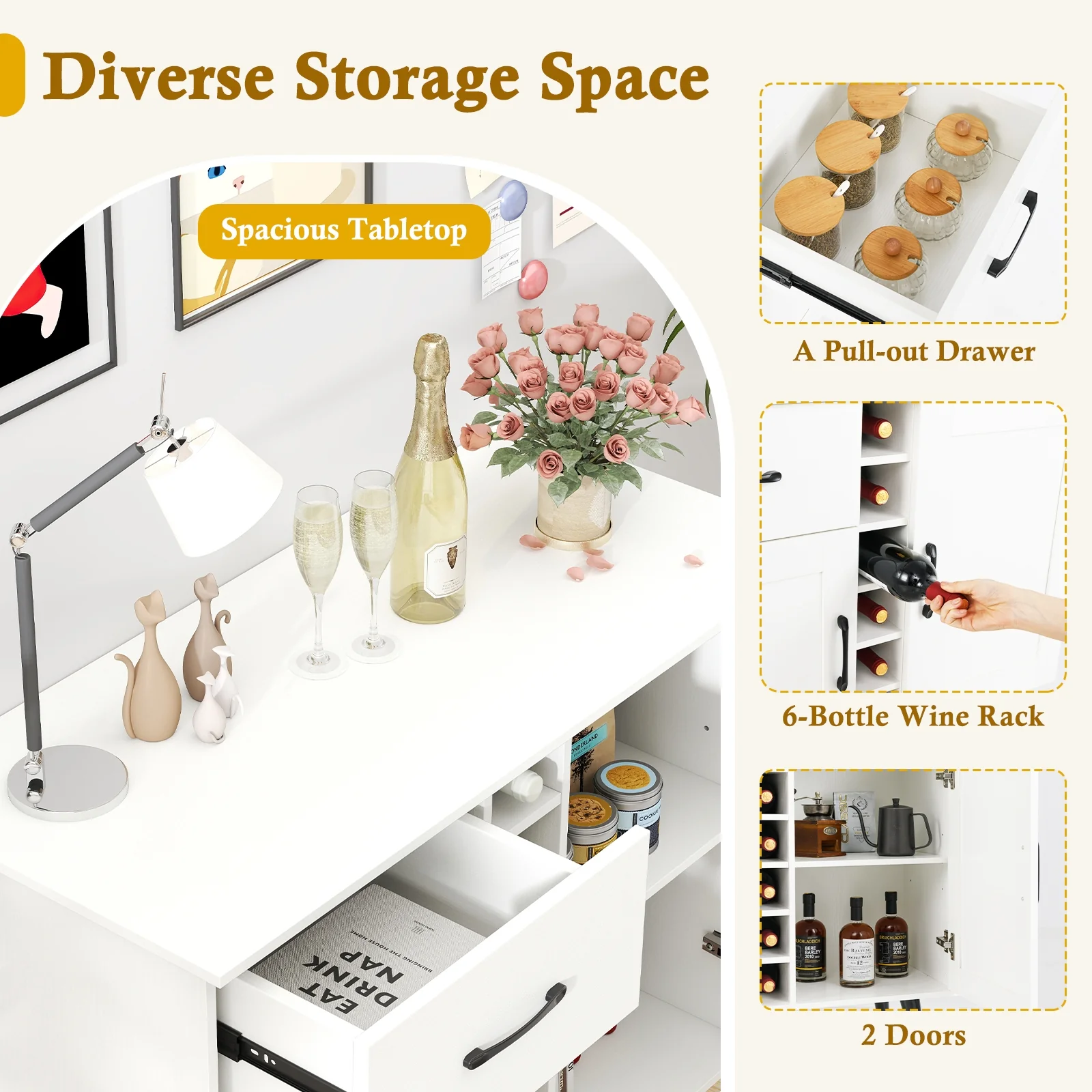 Wine Bar Buffet Cabinet, 6-Bottle Rack, White - Image 8