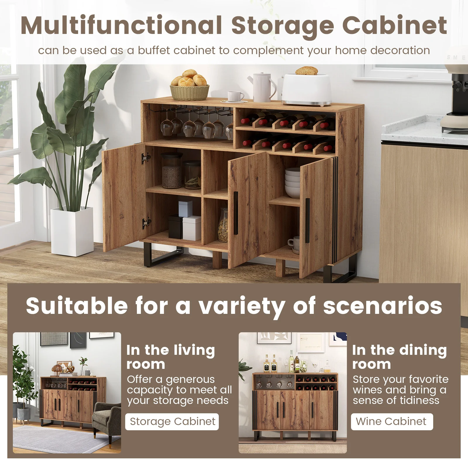 Wine Bar Cabinet, 3 Doors, Adjustable Shelves, Brown - Image 10