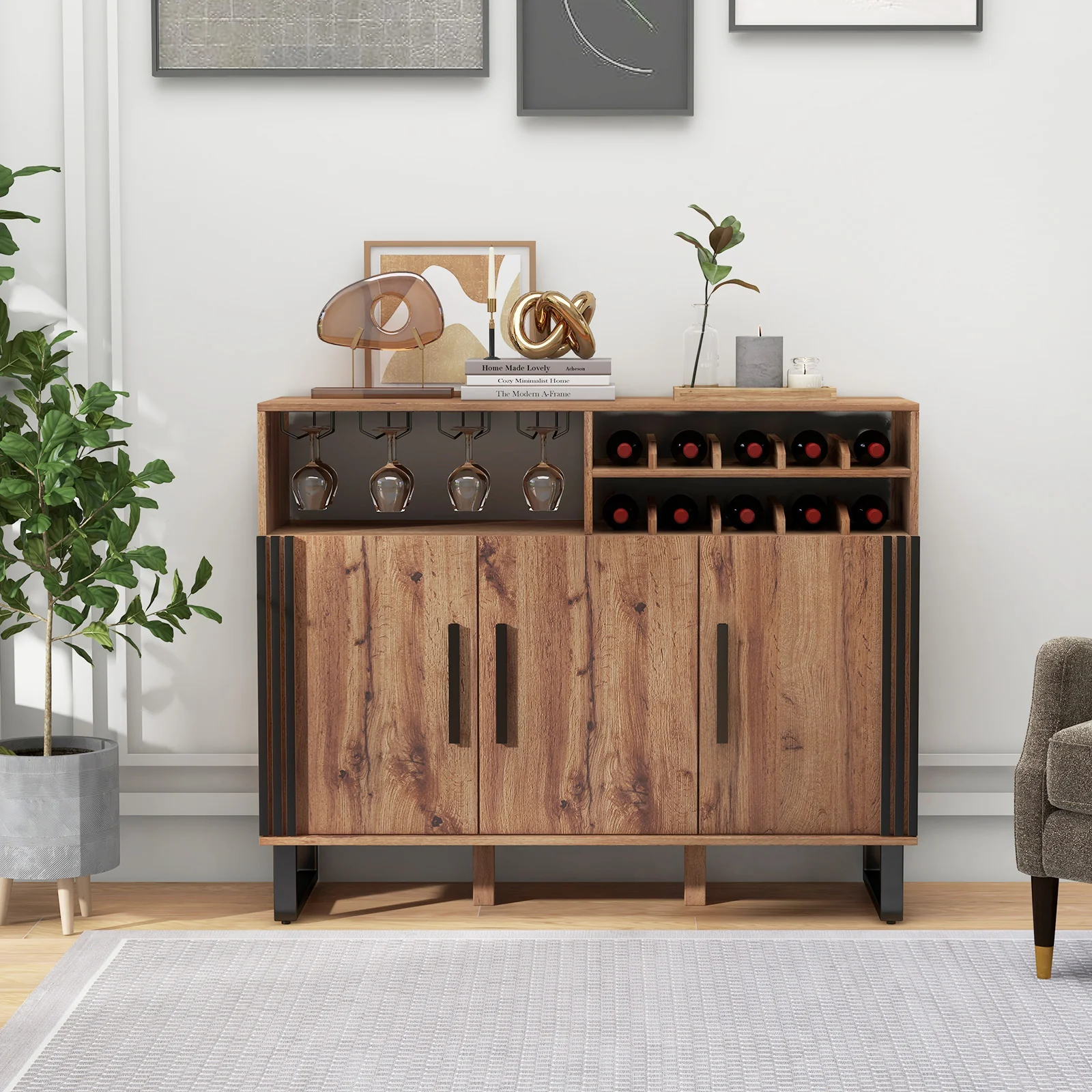 Wine Bar Cabinet, 3 Doors, Adjustable Shelves, Brown - Image 2