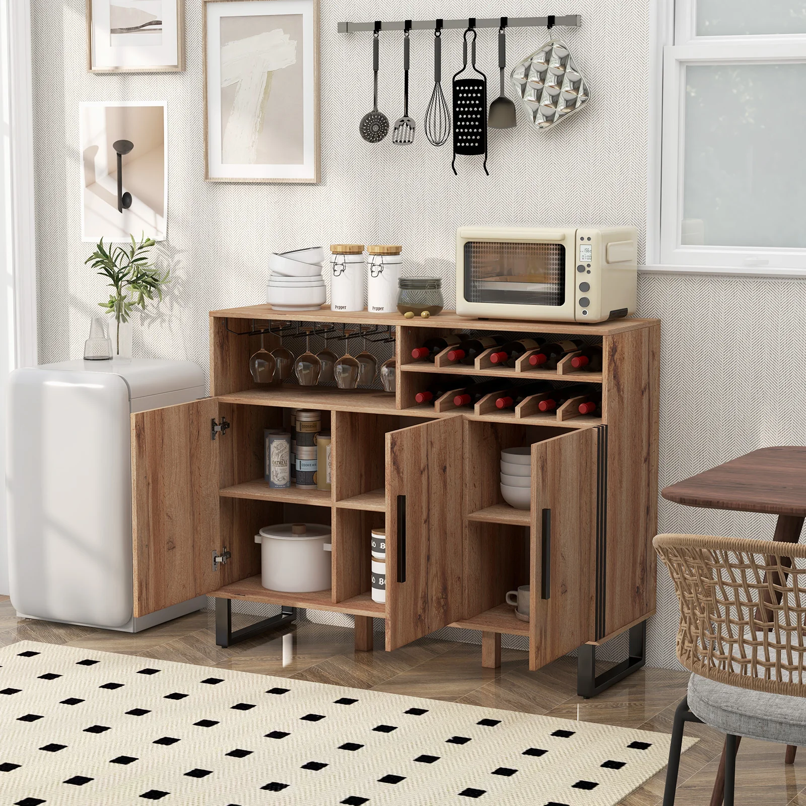 Wine Bar Cabinet, 3 Doors, Adjustable Shelves, Brown - Image 3