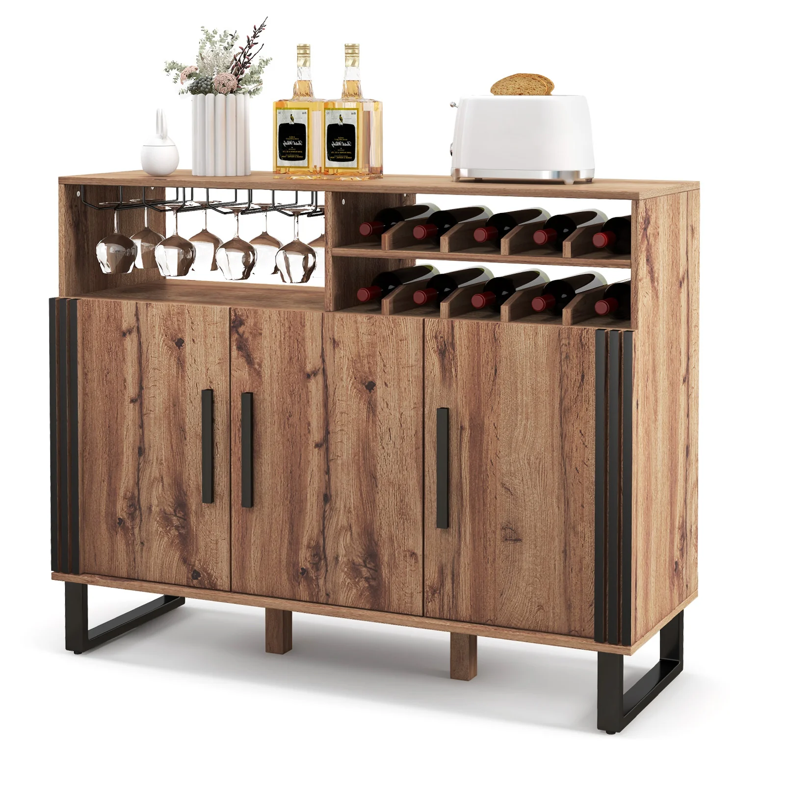 Wine Bar Cabinet, 3 Doors, Adjustable Shelves, Brown - Image 5