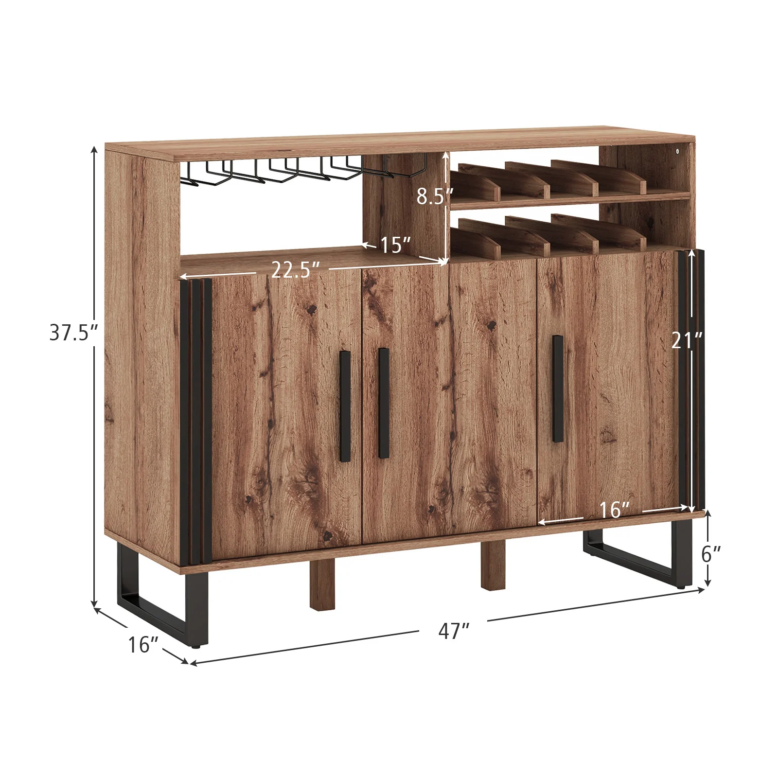 Wine Bar Cabinet, 3 Doors, Adjustable Shelves, Brown - Image 6