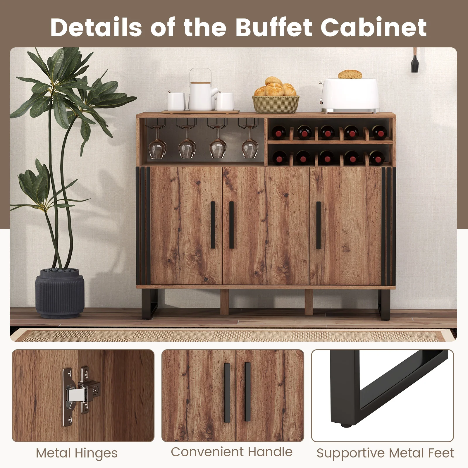 Wine Bar Cabinet, 3 Doors, Adjustable Shelves, Brown - Image 7