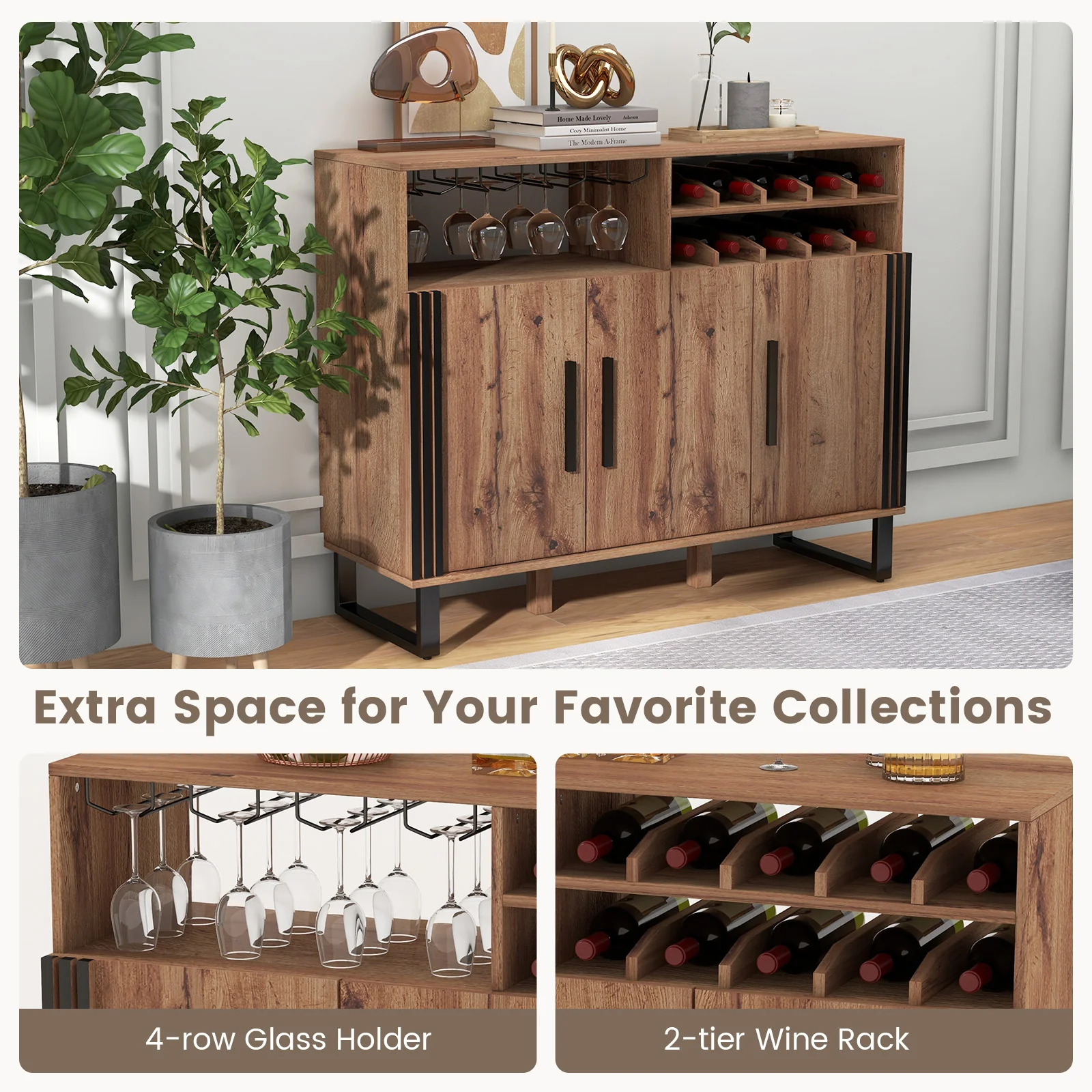 Wine Bar Cabinet, 3 Doors, Adjustable Shelves, Brown - Image 9