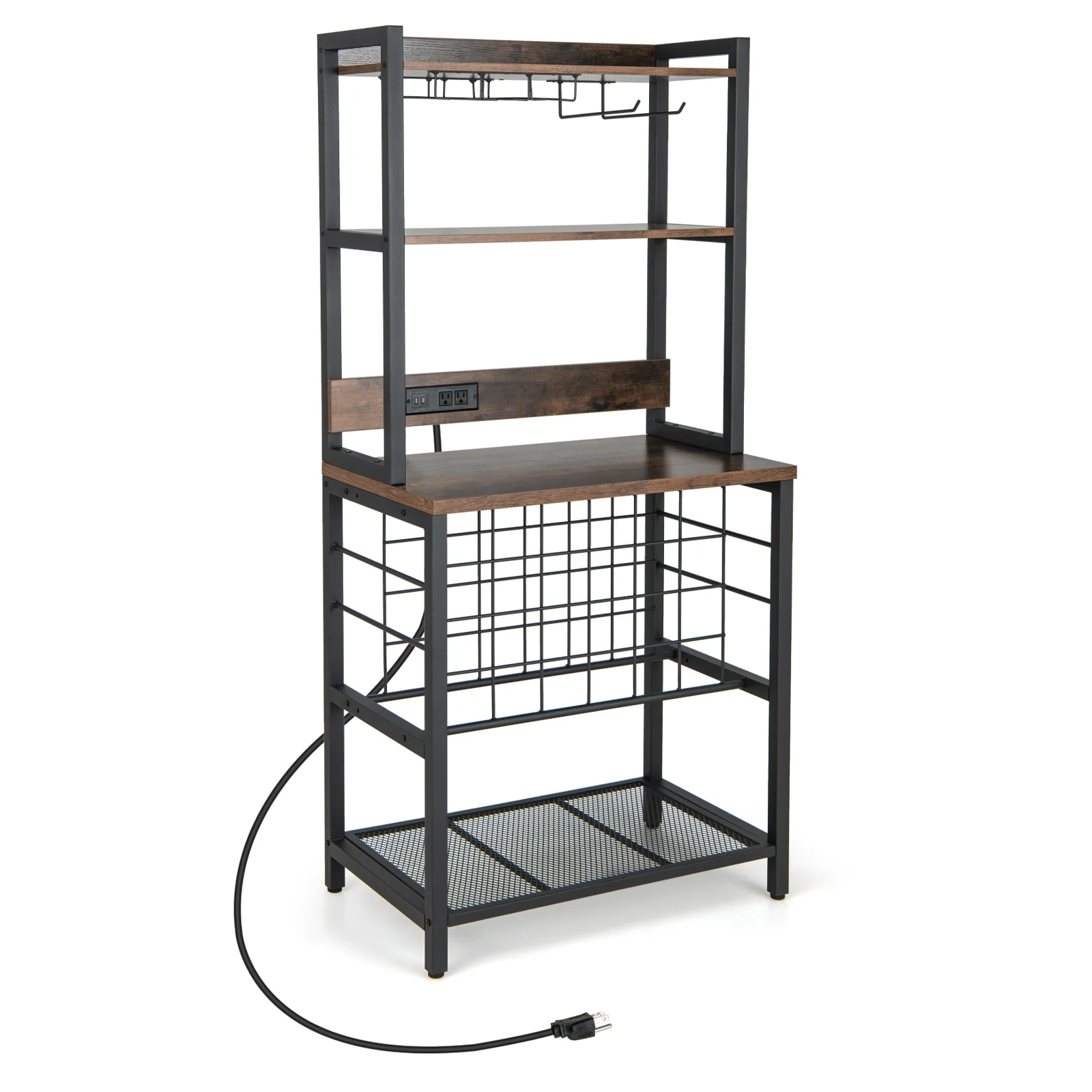 Wine Bar Cabinet, 4 Tier Storage Shelves, Glass Holders, Brown
