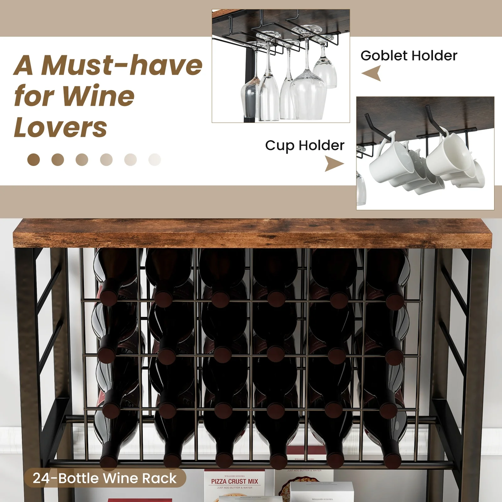Wine Bar Cabinet, 4 Tier Storage Shelves, Glass Holders, Brown - Image 10