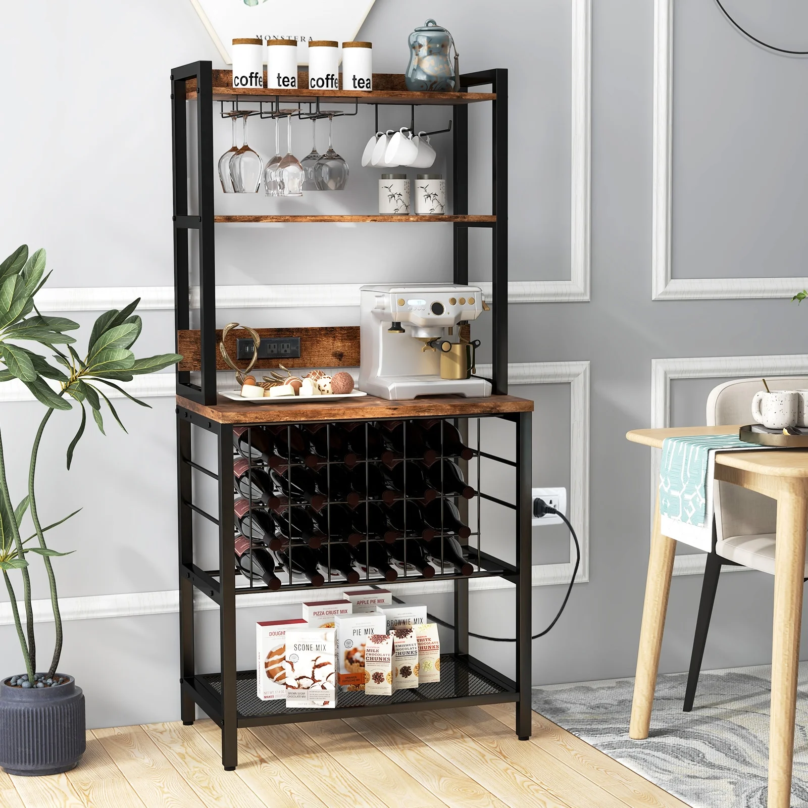 Wine Bar Cabinet, 4 Tier Storage Shelves, Glass Holders, Brown - Image 2