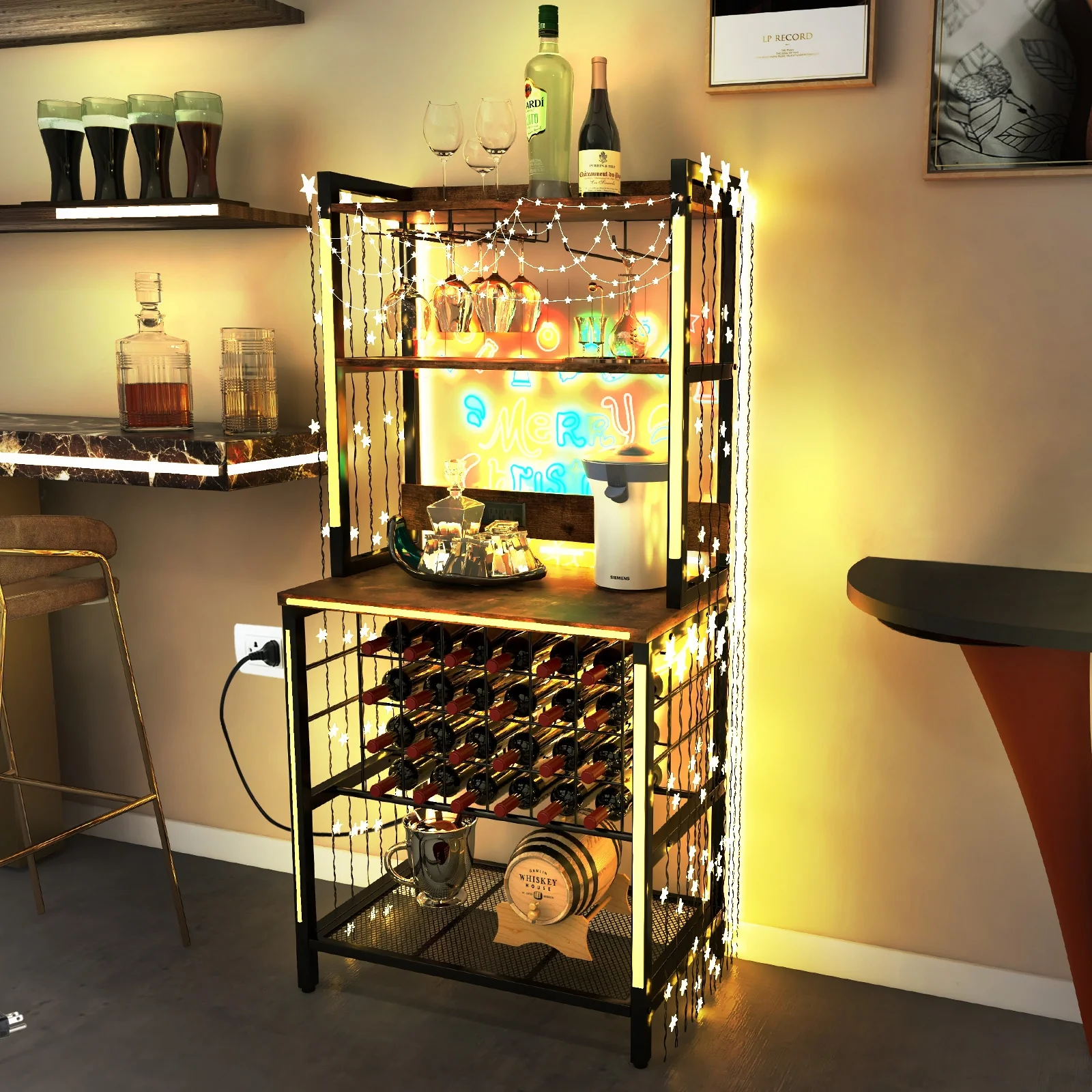 Wine Bar Cabinet, 4 Tier Storage Shelves, Glass Holders, Brown - Image 3