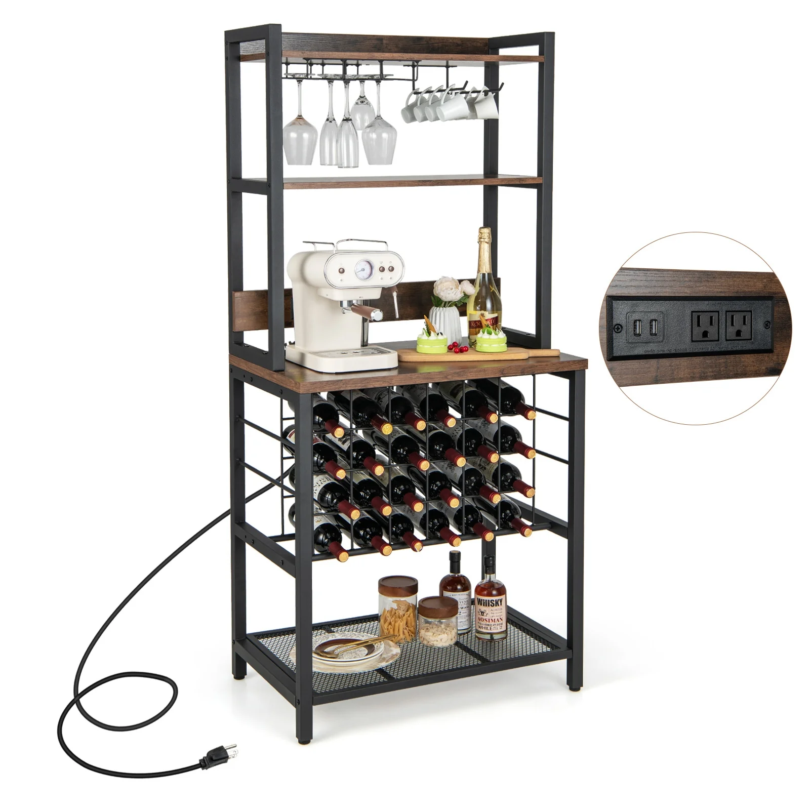 Wine Bar Cabinet, 4 Tier Storage Shelves, Glass Holders, Brown - Image 5