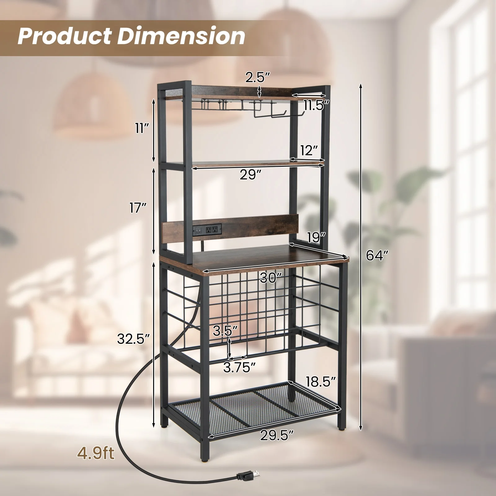 Wine Bar Cabinet, 4 Tier Storage Shelves, Glass Holders, Brown - Image 6