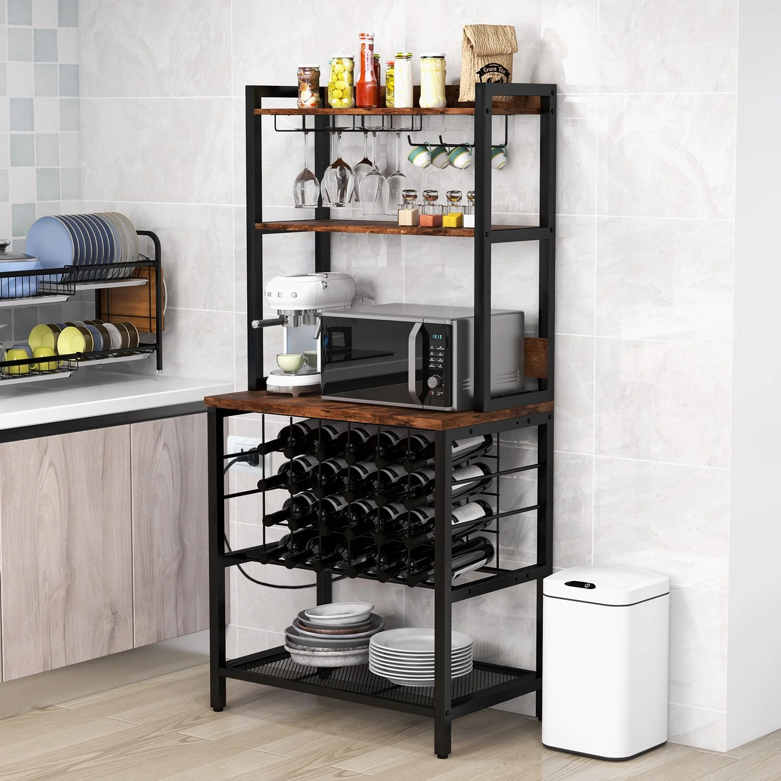 Wine Bar Cabinet, 4 Tier Storage Shelves, Glass Holders, Brown - Image 7