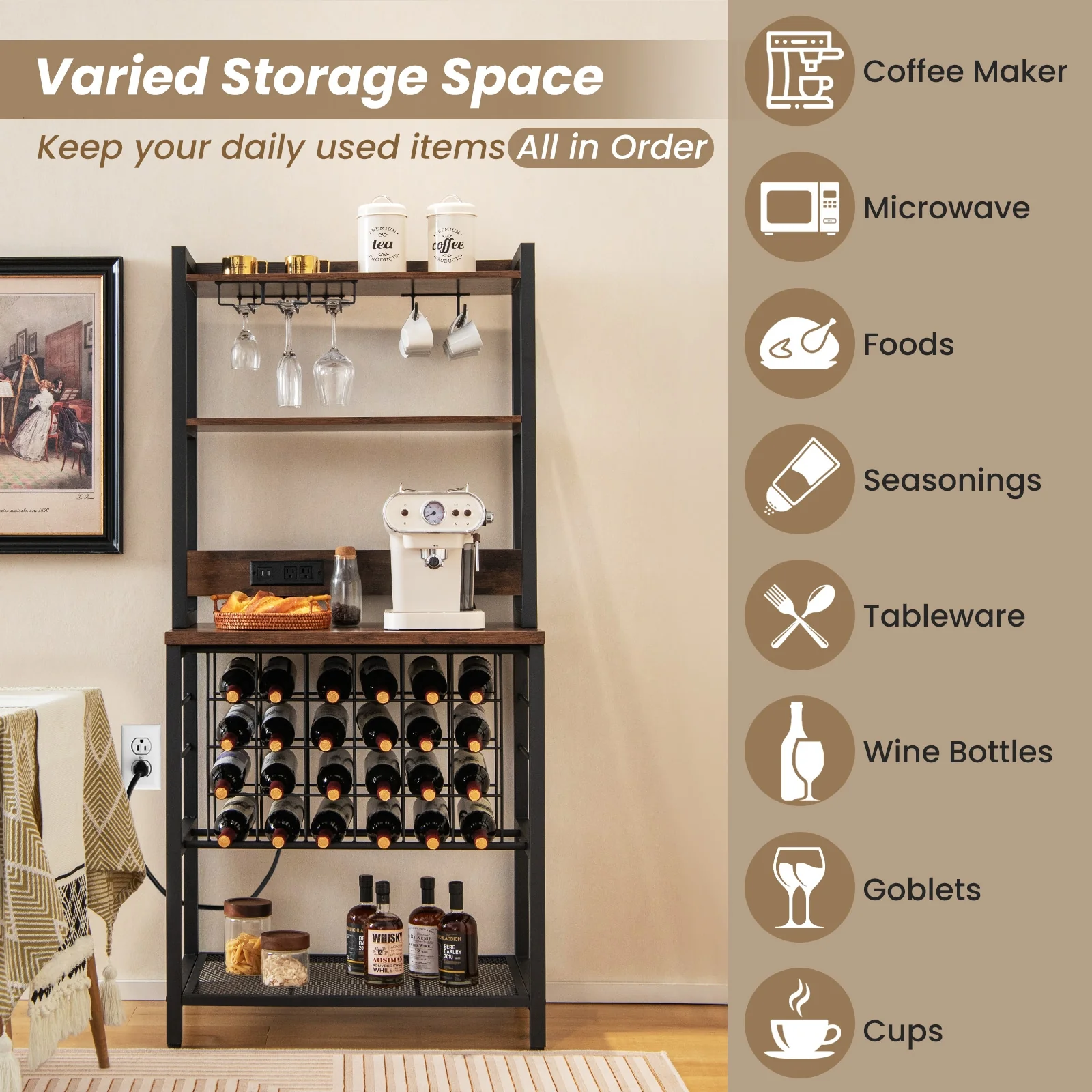 Wine Bar Cabinet, 4 Tier Storage Shelves, Glass Holders, Brown - Image 8