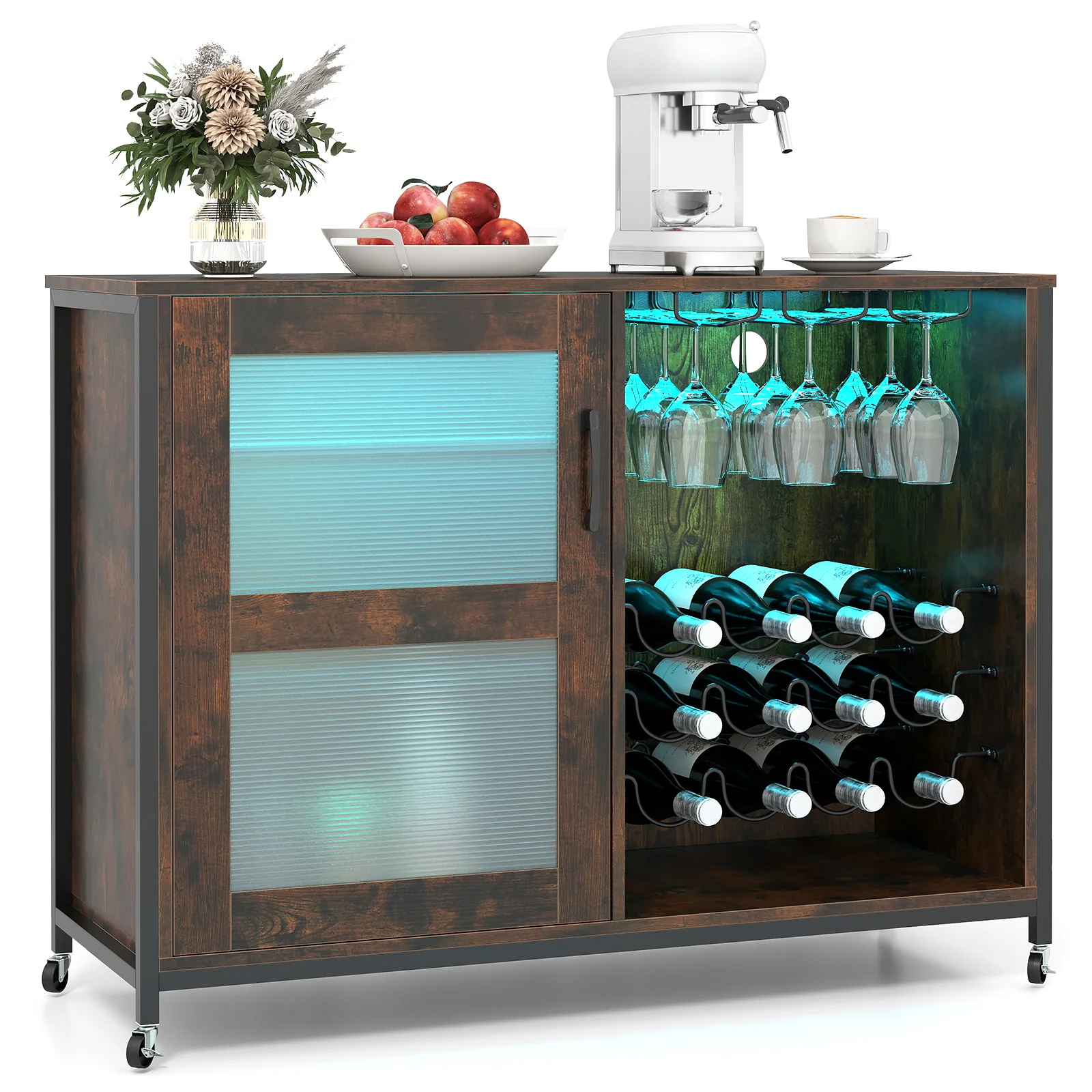 Wine Bar Cabinet, Adjustable Shelves, LED Light, Rustic Brown - Image 3