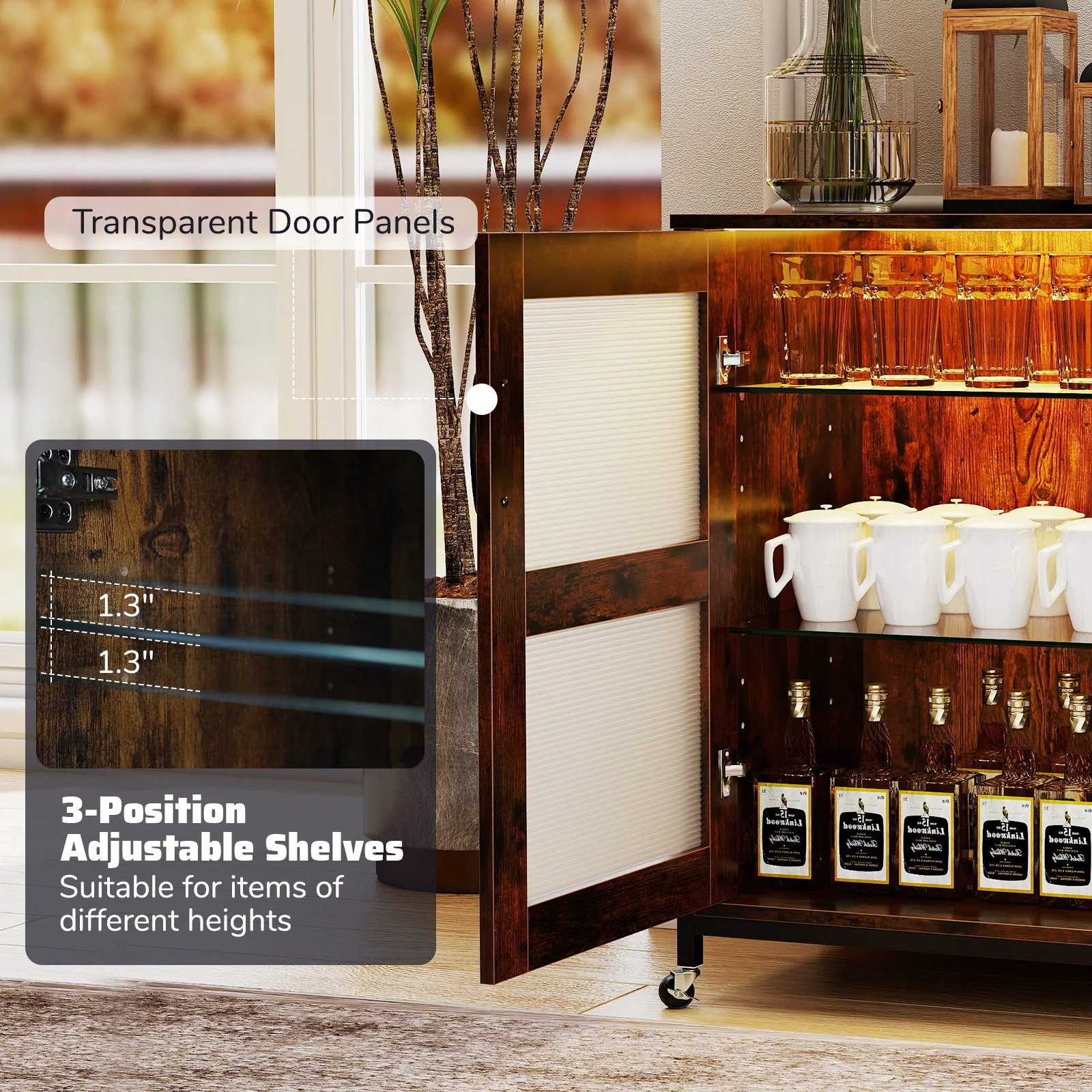 Wine Bar Cabinet, Adjustable Shelves, LED Light, Rustic Brown - Image 7