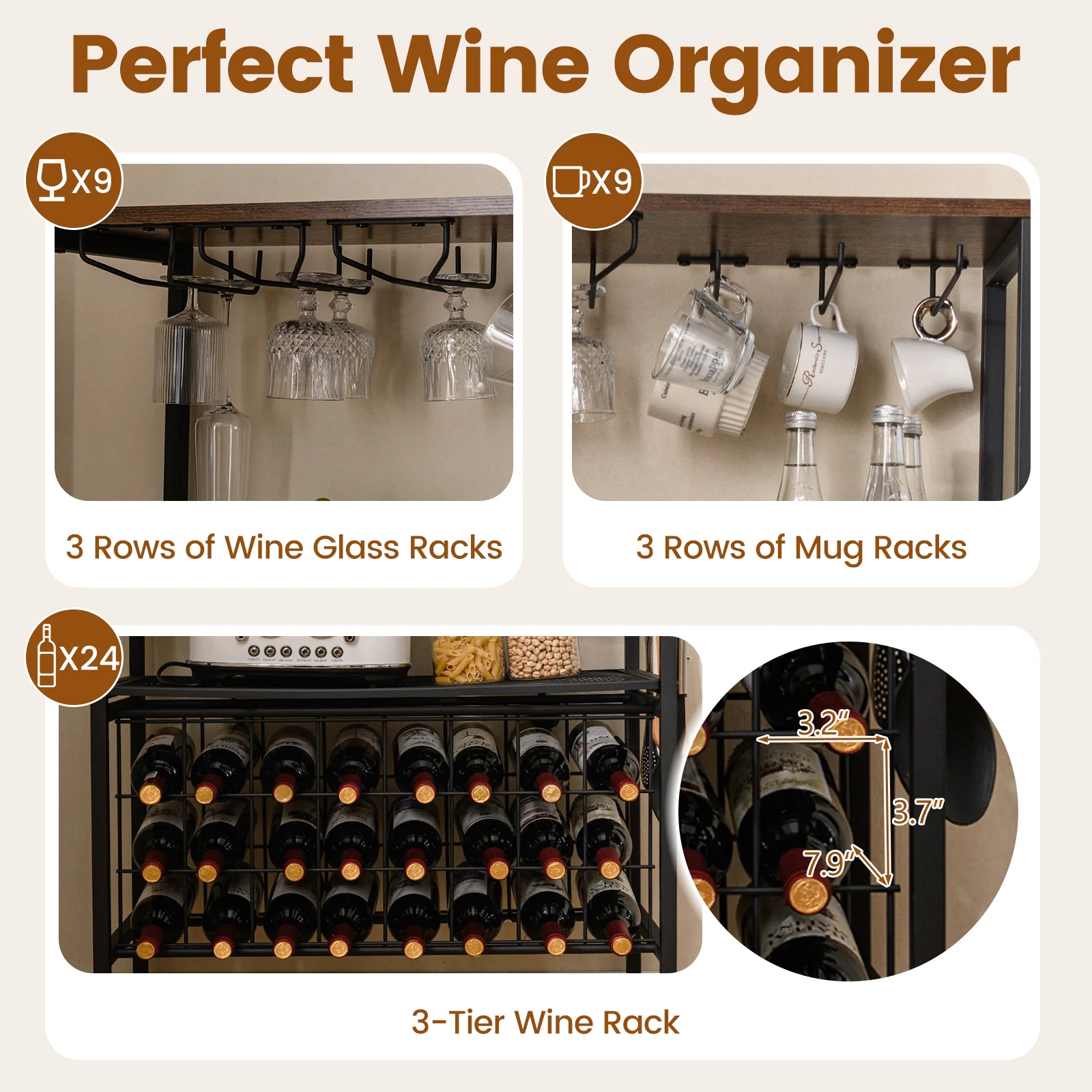 Wine Organizer With Power Outlet, Bottle Holders, Rustic Brown - Image 10