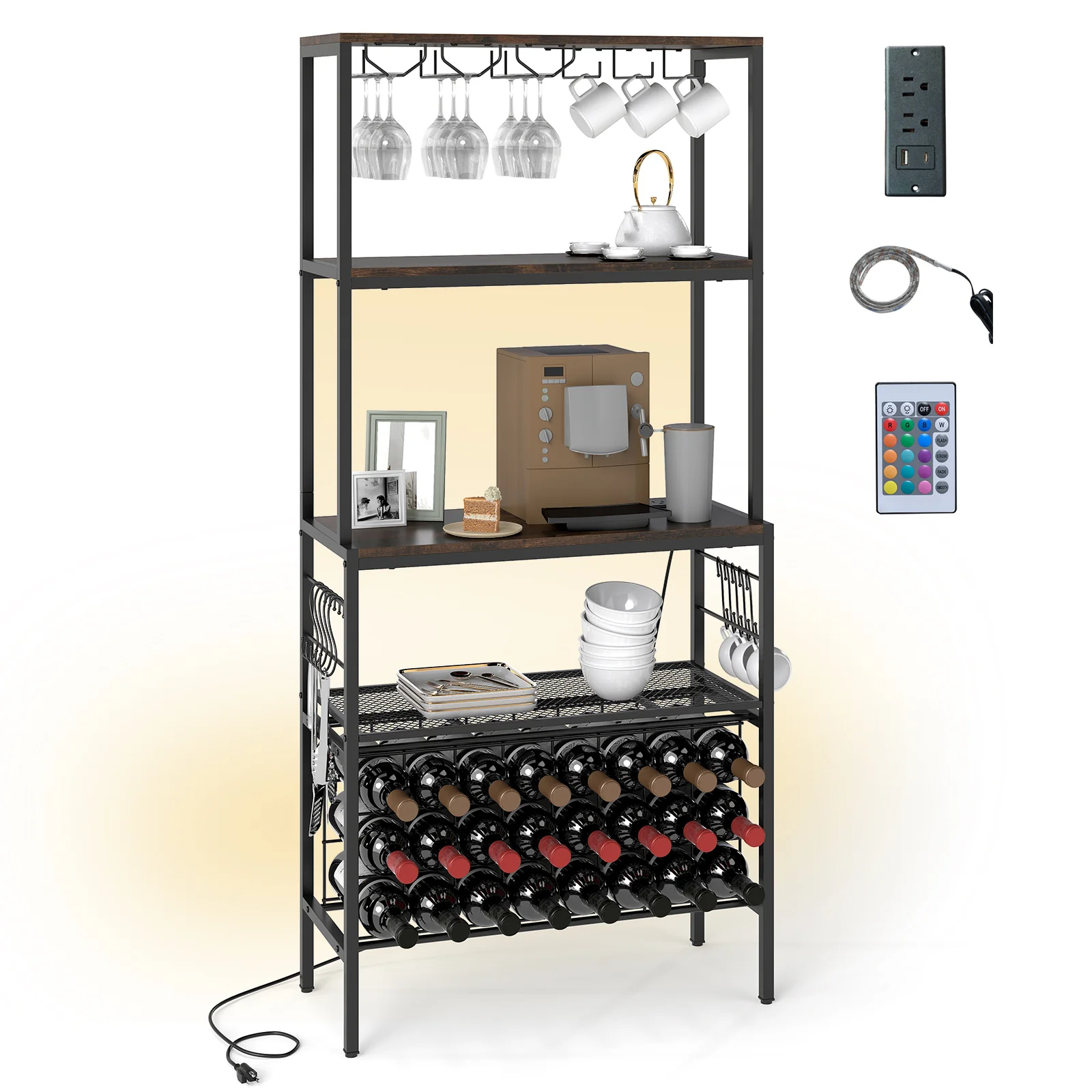 Wine Organizer With Power Outlet, Bottle Holders, Rustic Brown - Image 4