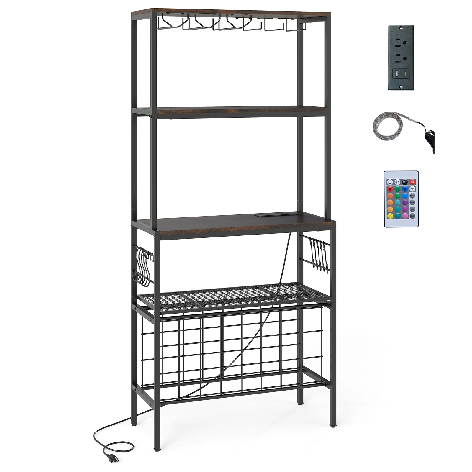 Wine Organizer With Power Outlet, Bottle Holders, Rustic Brown - Image 5