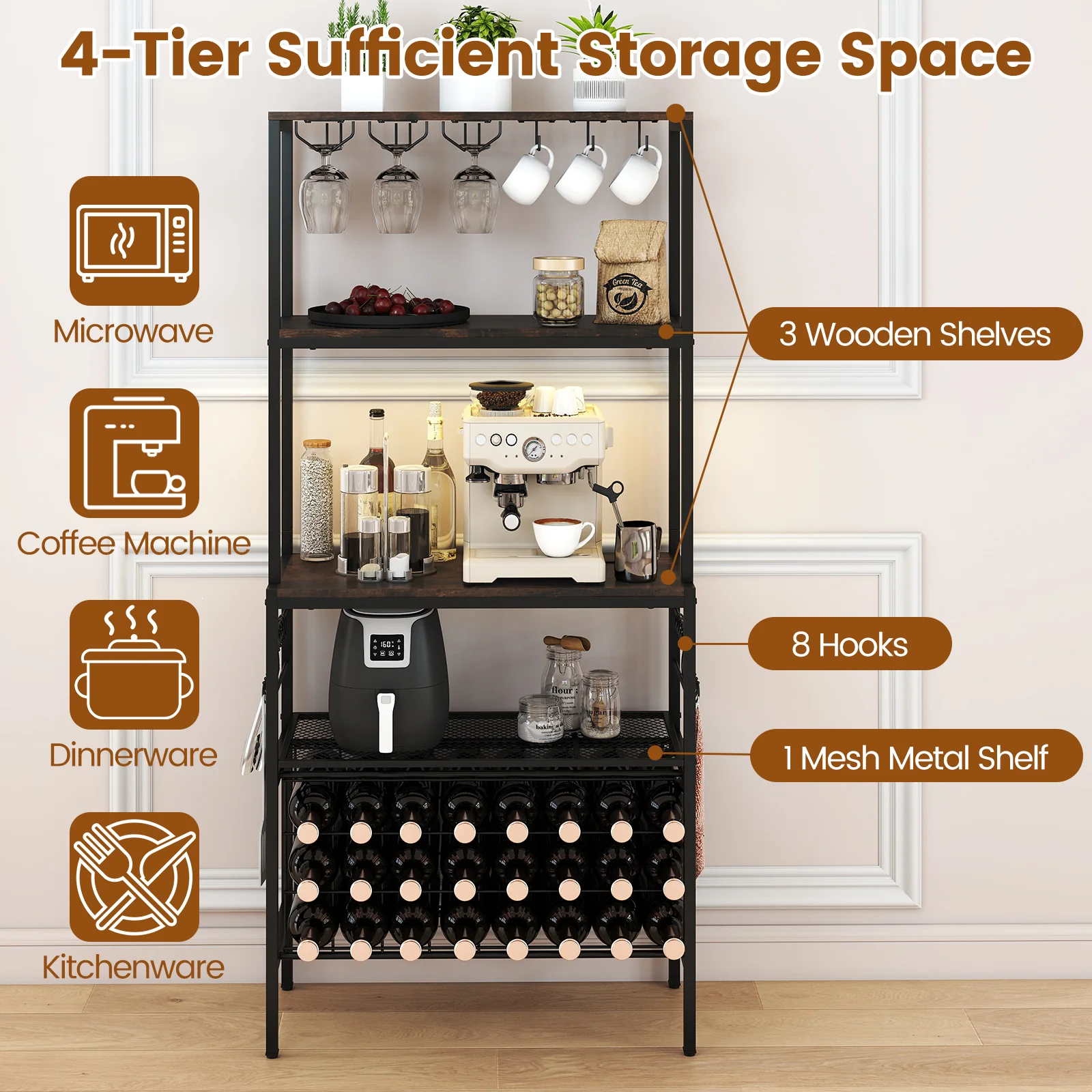 Wine Organizer With Power Outlet, Bottle Holders, Rustic Brown - Image 9