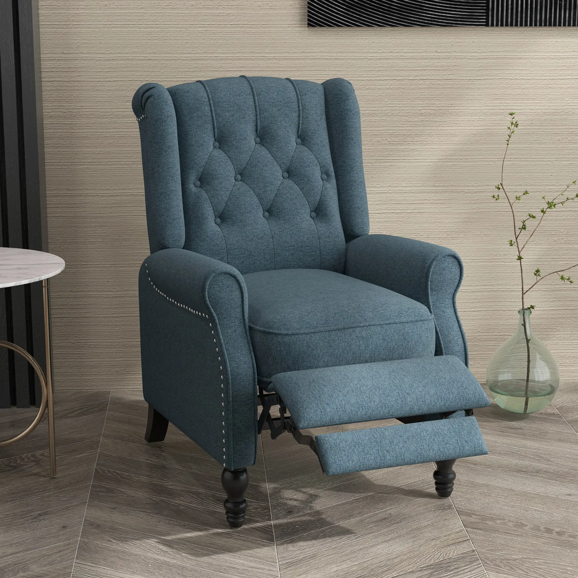 Wingback Reclining Chair with Footrest, Button Tufted, Blue - Image 2