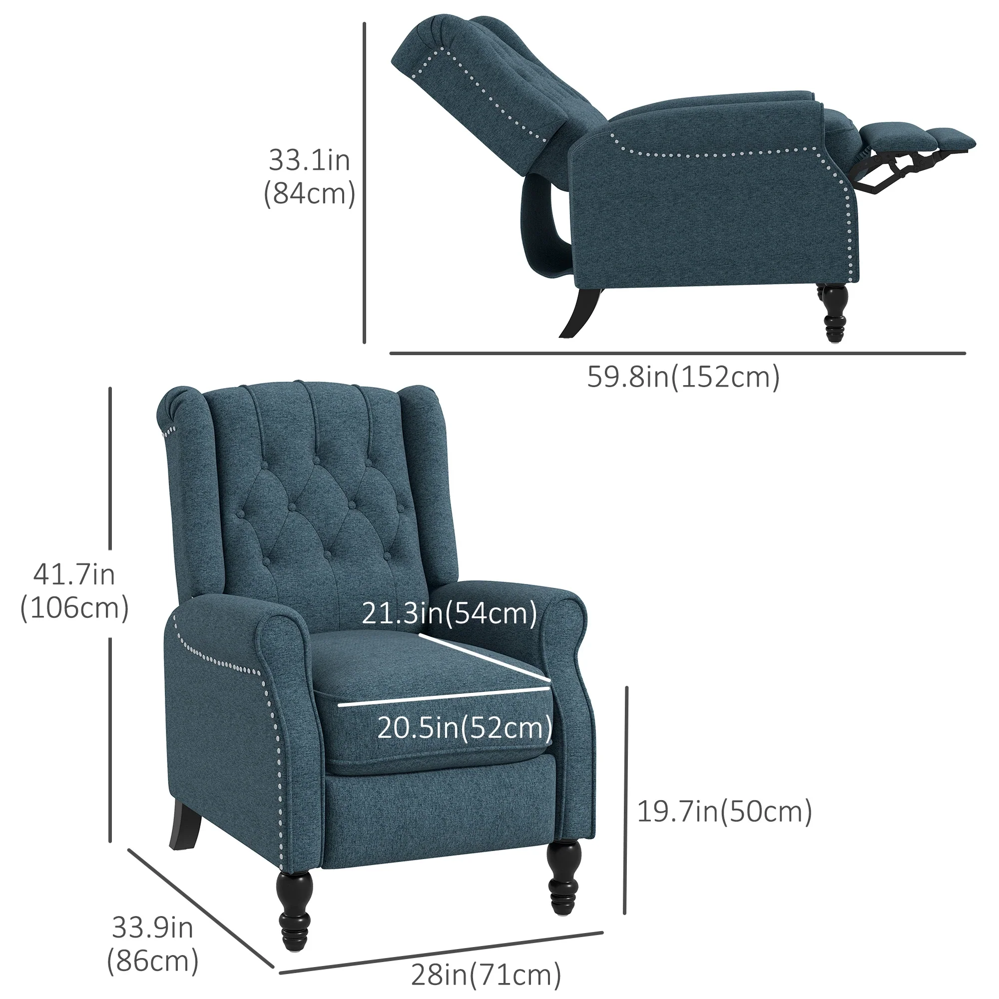 Wingback Reclining Chair with Footrest, Button Tufted, Blue - Image 3