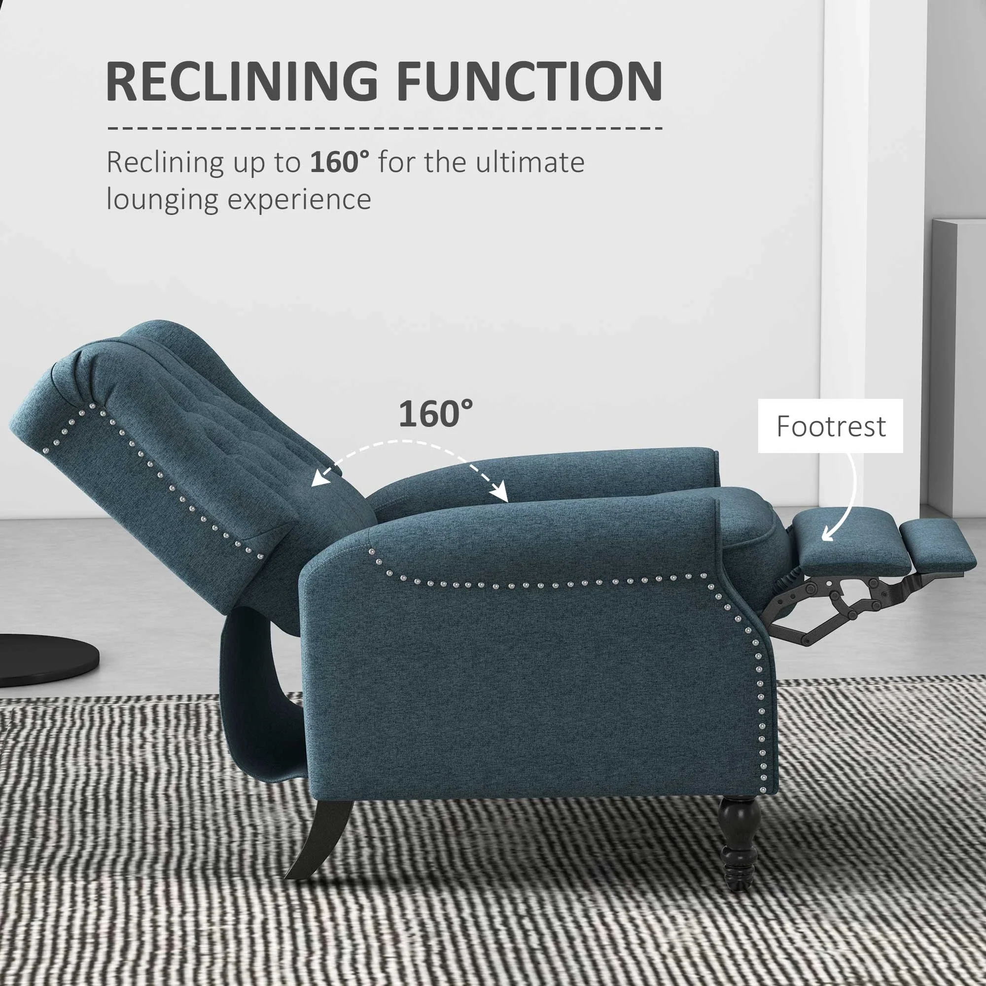Wingback Reclining Chair with Footrest, Button Tufted, Blue - Image 4