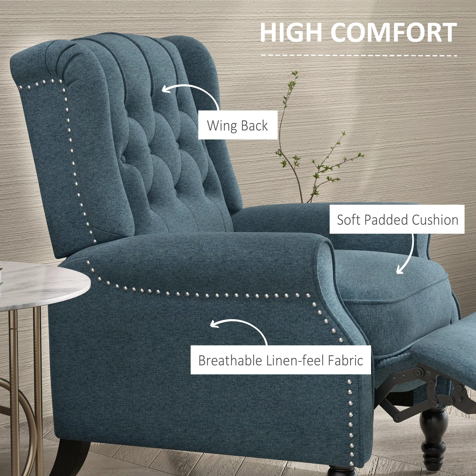 Wingback Reclining Chair with Footrest, Button Tufted, Blue - Image 5