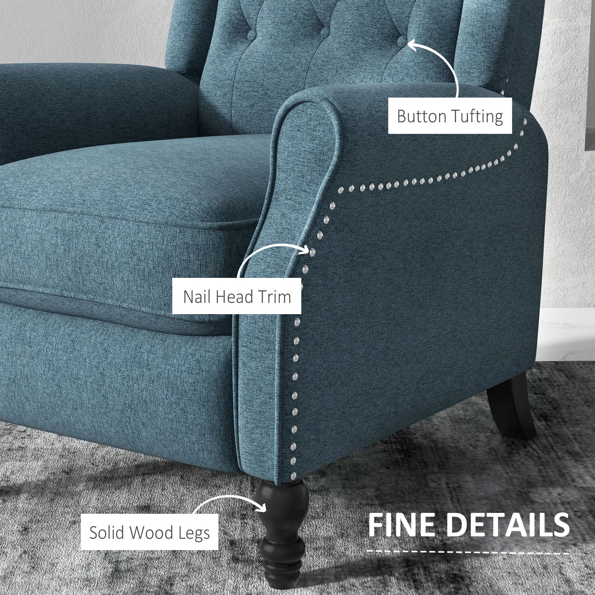 Wingback Reclining Chair with Footrest, Button Tufted, Blue - Image 6