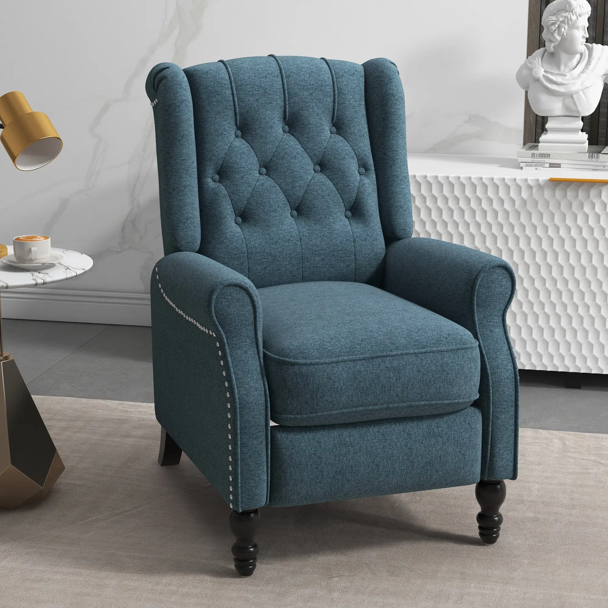 Wingback Reclining Chair with Footrest, Button Tufted, Blue - Image 7