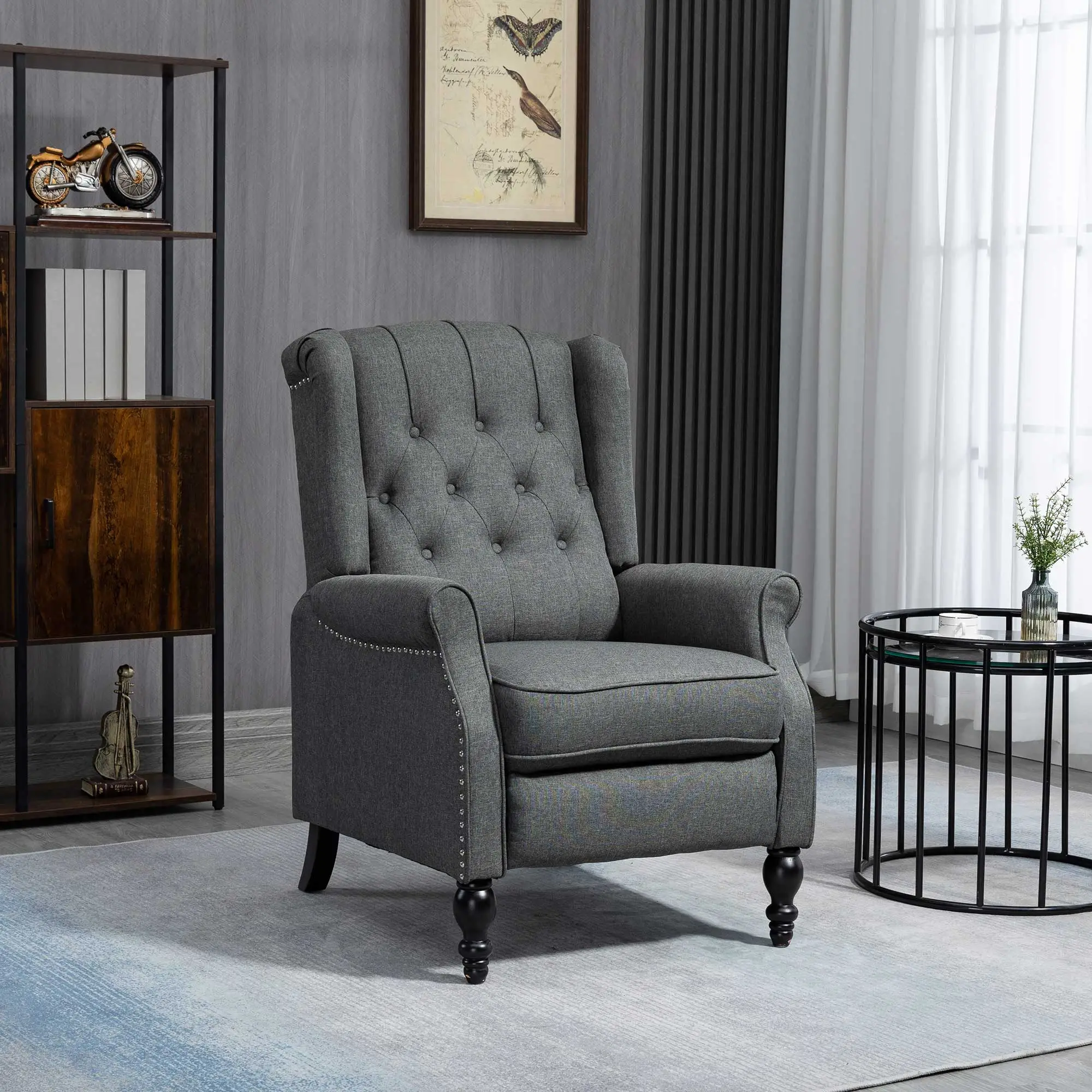Wingback Reclining Chair with Footrest, Button Tufted, Dark Grey - Image 2