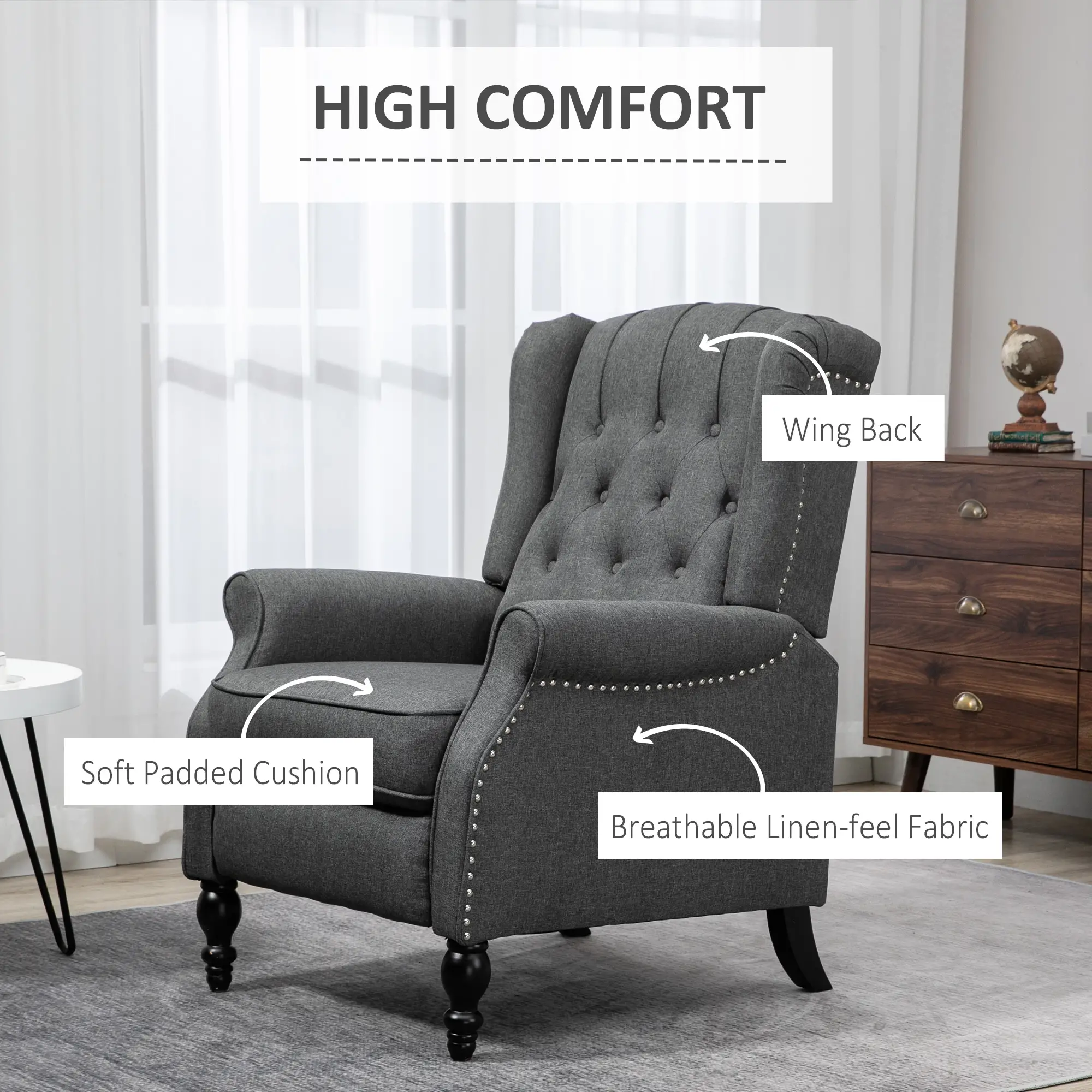 Wingback Reclining Chair with Footrest, Button Tufted, Dark Grey - Image 5