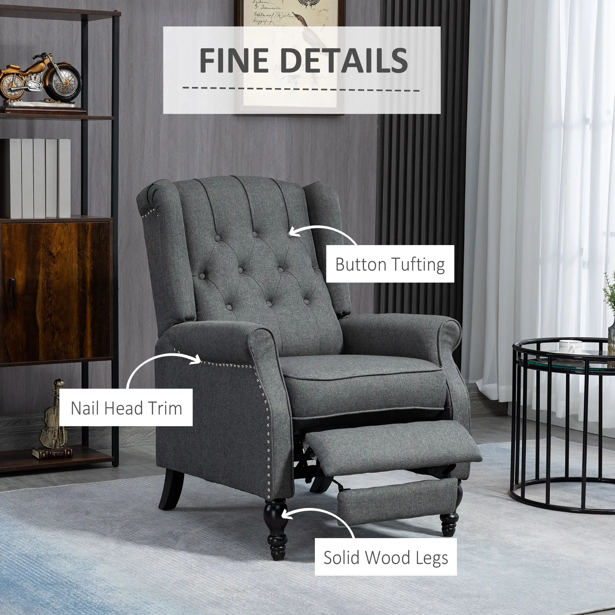 Wingback Reclining Chair with Footrest, Button Tufted, Dark Grey - Image 6