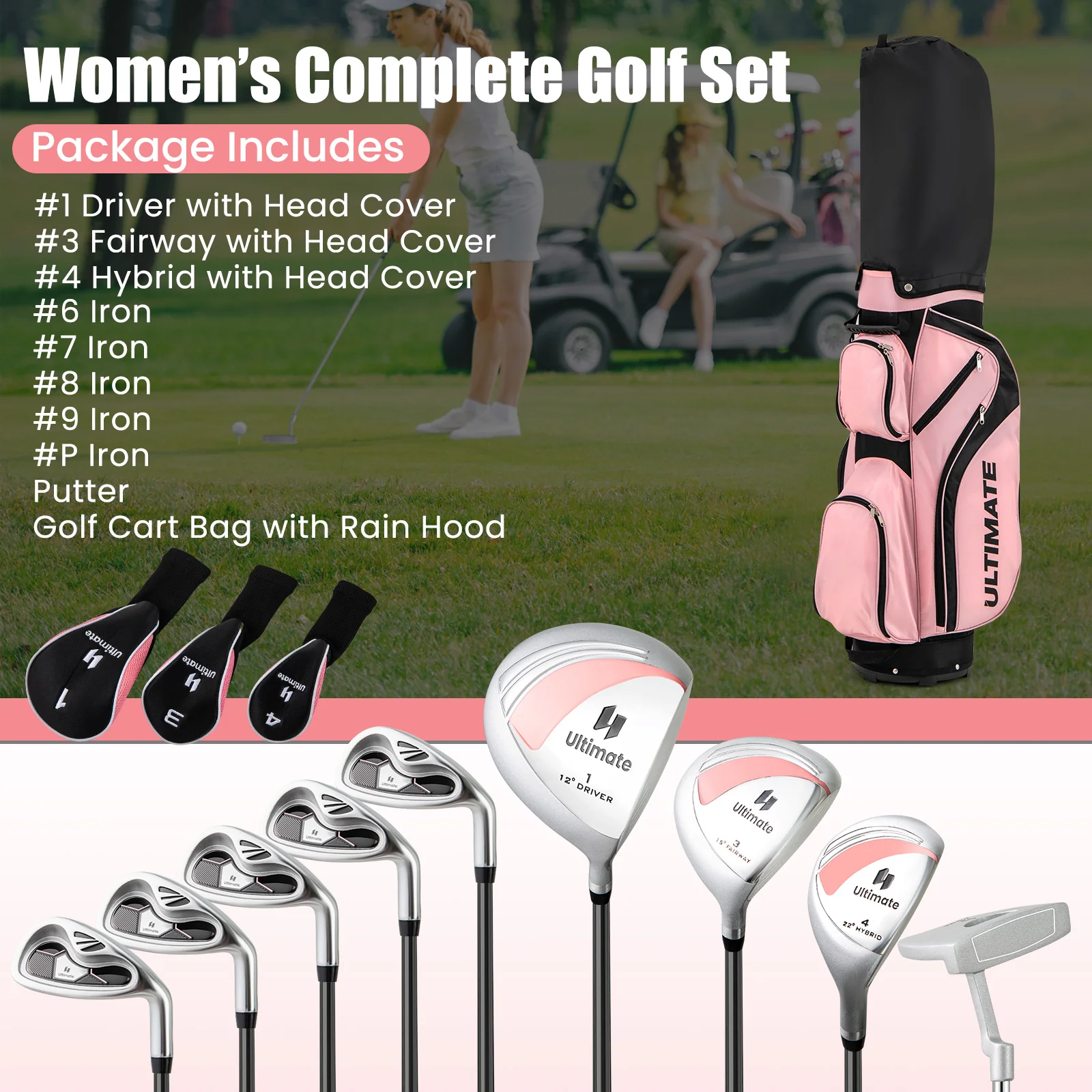 Women's Complete Golf Club Set, 10 Pieces, Alloy Driver, Pink - Image 5