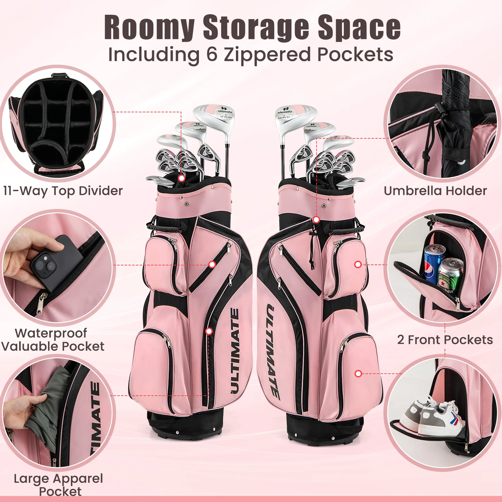 Women's Complete Golf Club Set, 10 Pieces, Alloy Driver, Pink - Image 9