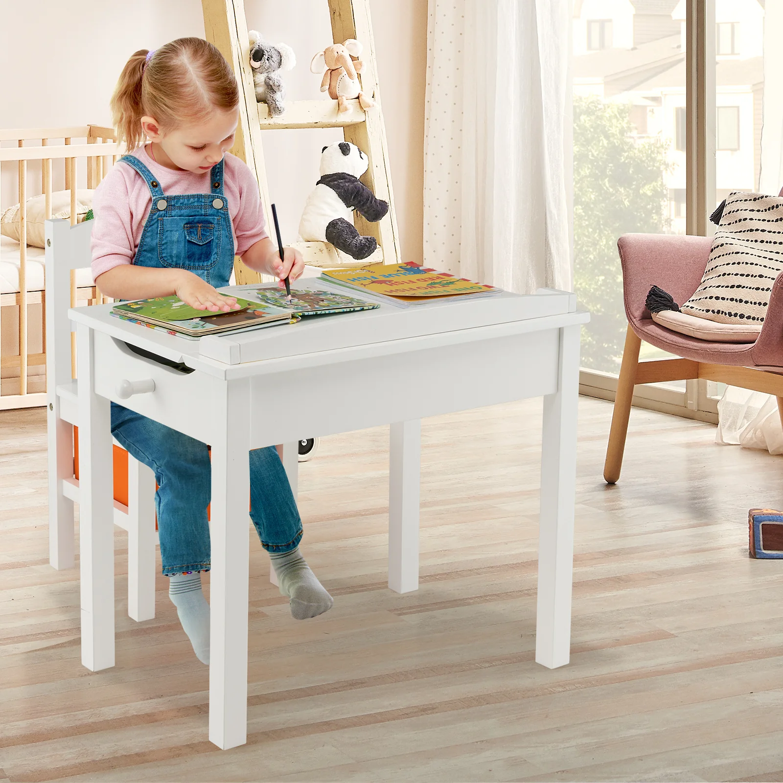 Wood Activity Kids Table And Chair Set With Storage, White - Image 3