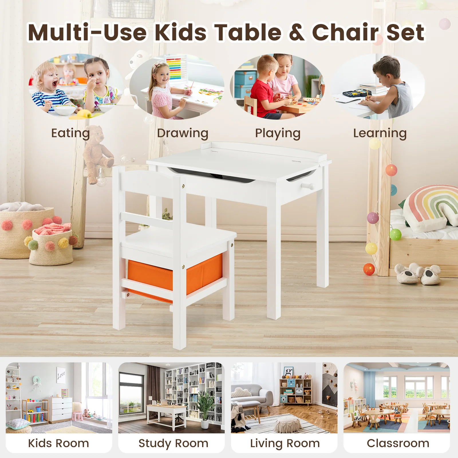 Wood Activity Kids Table And Chair Set With Storage, White - Image 7
