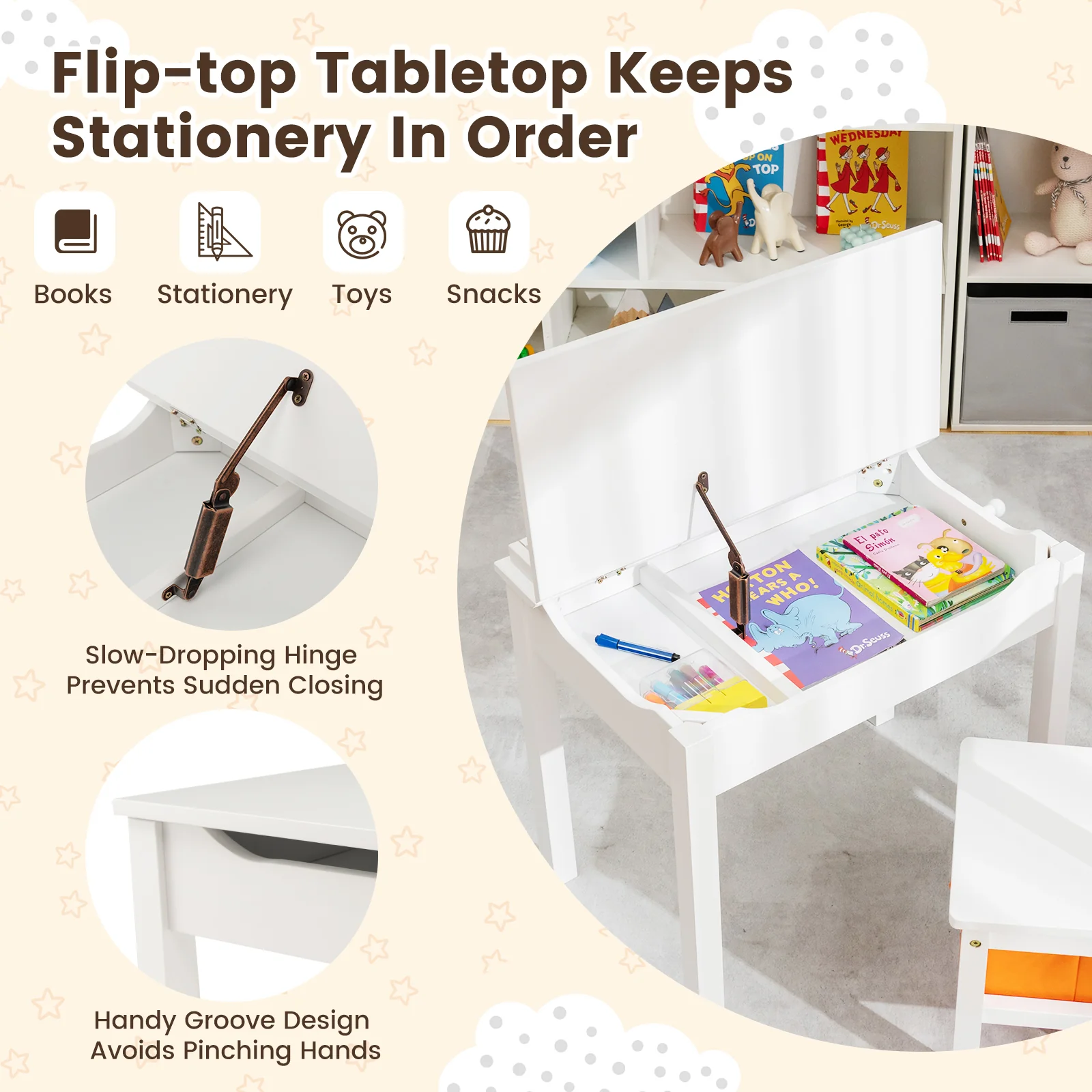 Wood Activity Kids Table And Chair Set With Storage, White - Image 8