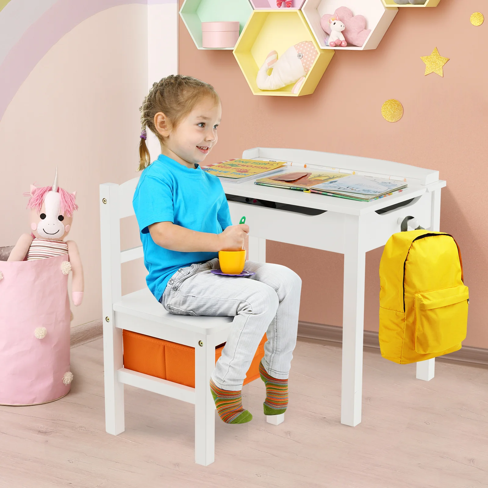 Wood Activity Kids Table And Chair Set With Storage, White - Image 9