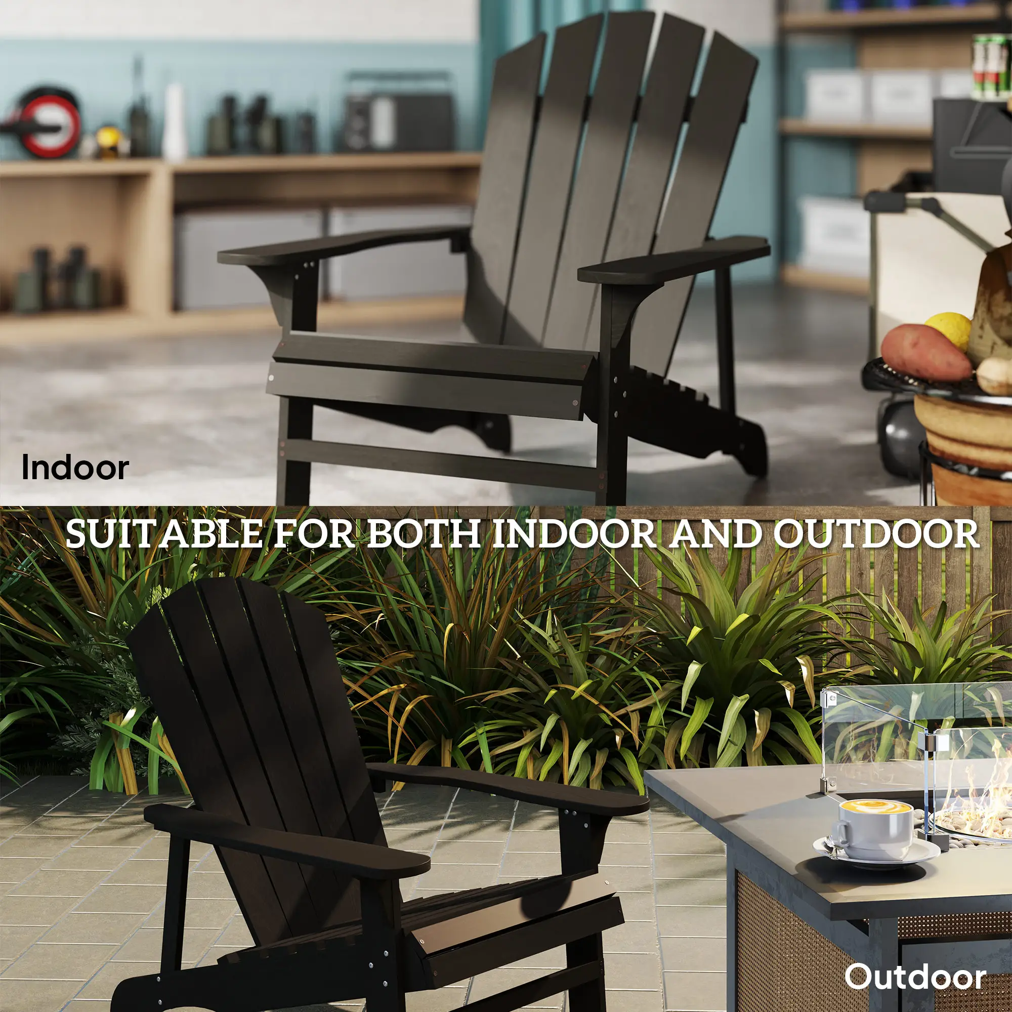 Wood Adirondack Chair, Outdoor Patio Chair, Slatted Design, Black - Image 4
