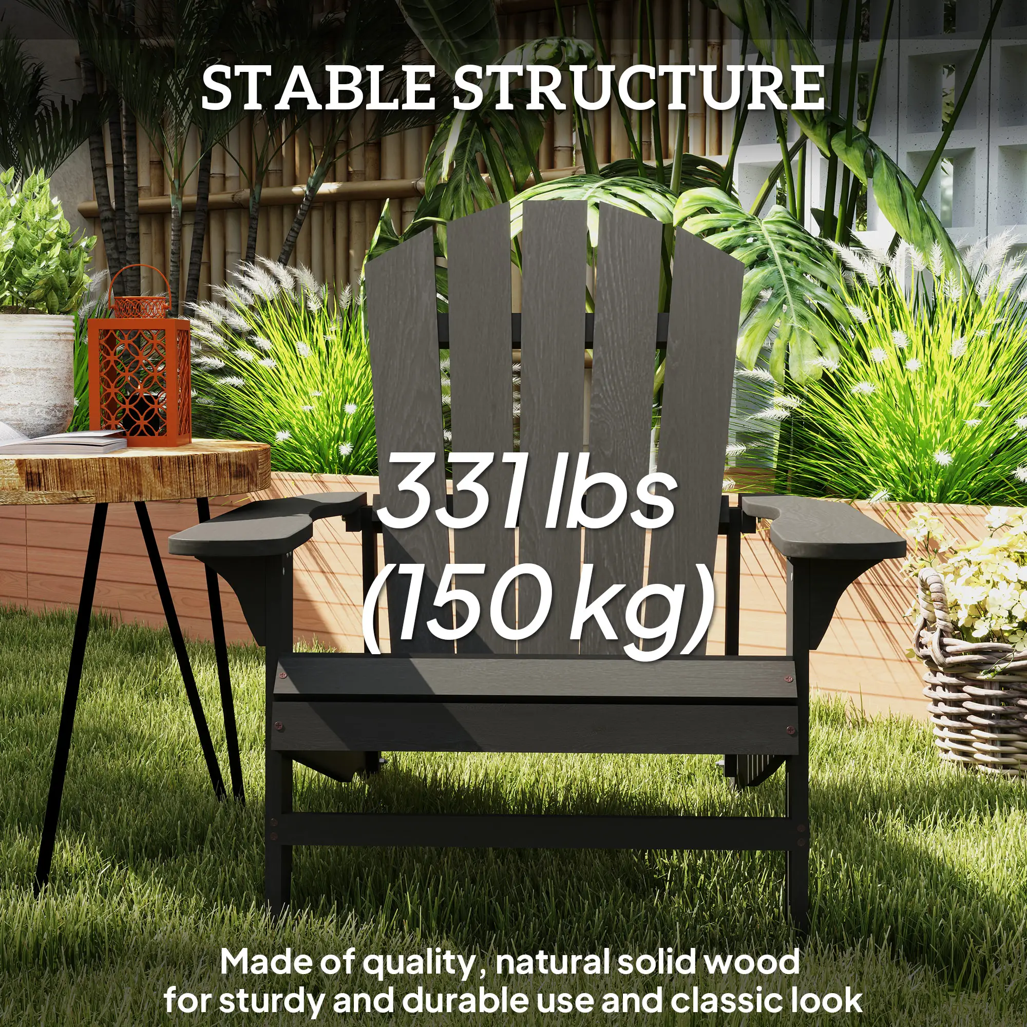 Wood Adirondack Chair, Outdoor Patio Chair, Slatted Design, Black - Image 5