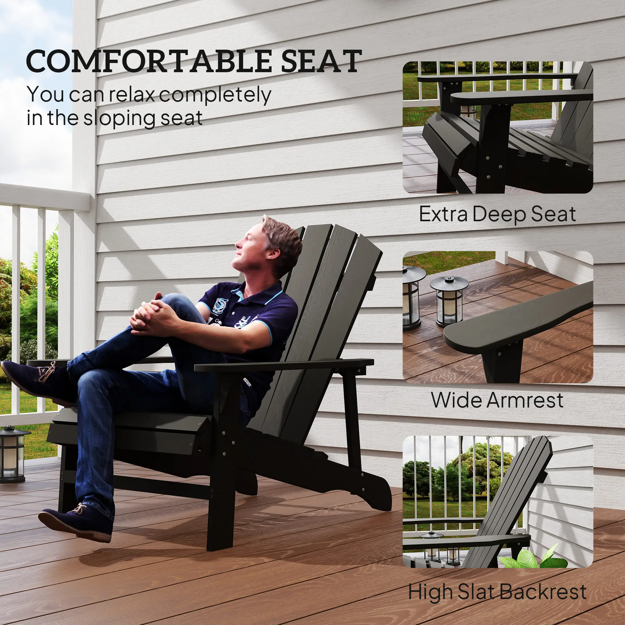 Wood Adirondack Chair, Outdoor Patio Chair, Slatted Design, Black - Image 6