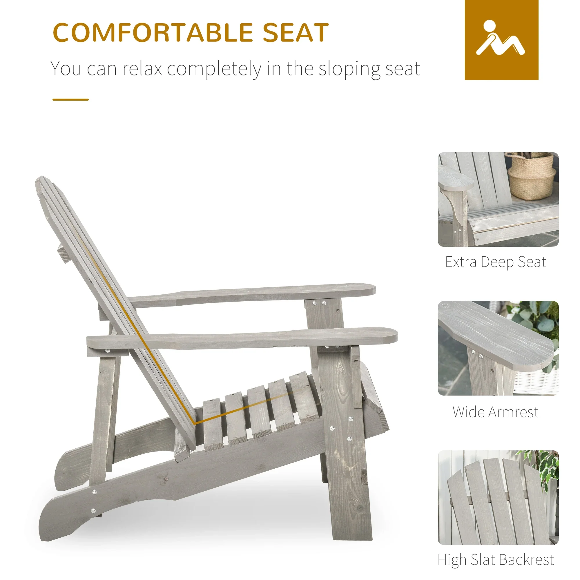 Wood Adirondack Chair, Outdoor Patio Chair, Slatted Design, Light Grey - Image 7
